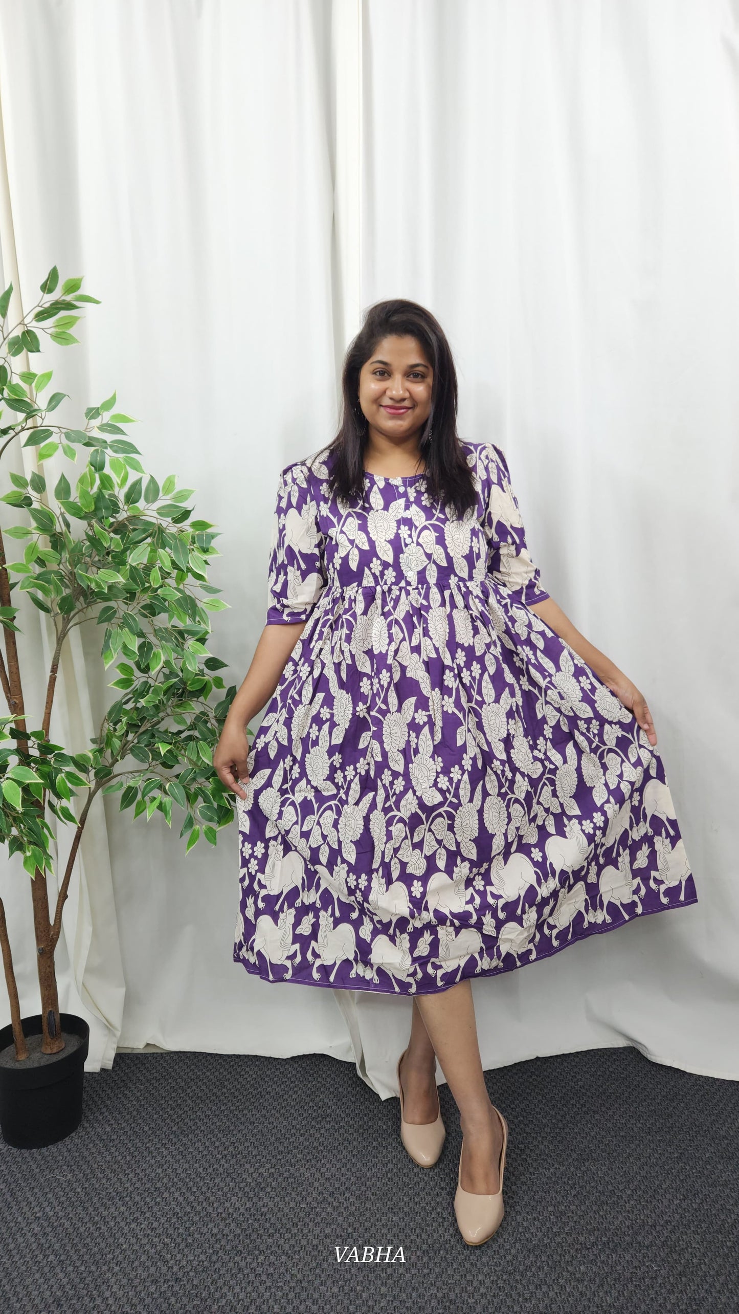 F08 Purple Kalamkari Print Cotton Frock