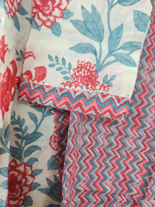 KPD120 2XL Size Cream Pink V Neck Floral Print Straight Cut Kurti Pant Duppatta