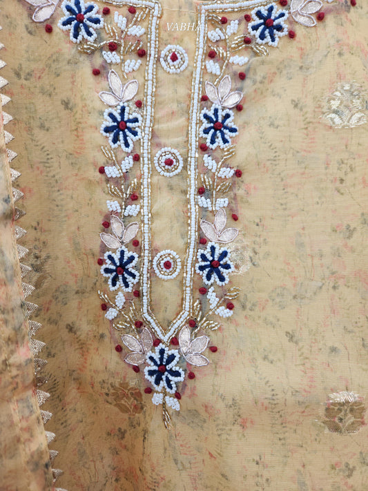 KPD130 Yellow Muslin Silk With Lining Round Neck With Heavy Pearl Work Straight Cut Kurti Pant Duppatta L, XL, 2XL