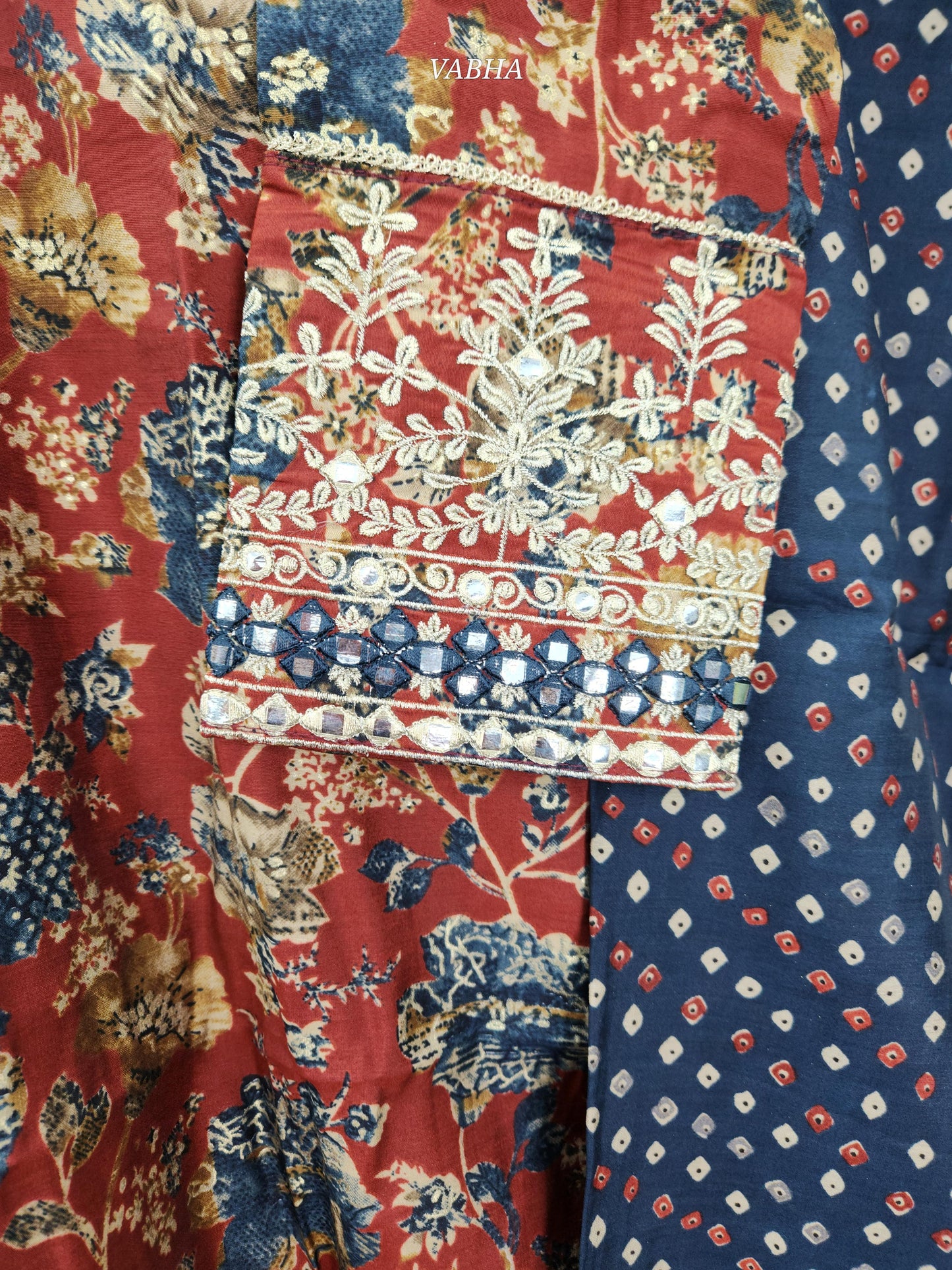 KPD140 Brick Red Modal Silk Curvy V neck With Zari Embroidery Floral Print Straight Cut Kurti Pant Duppatta