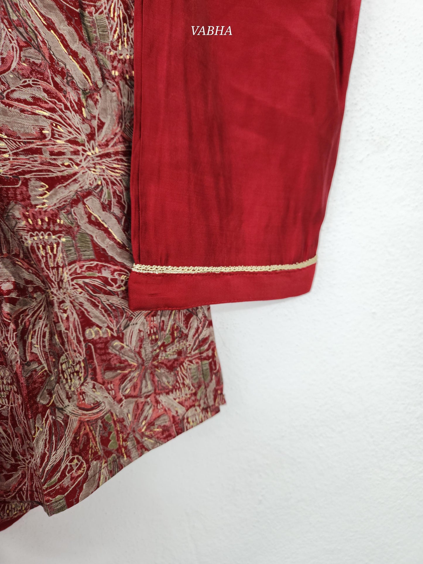 KPD141 Red Modal Silk scalop V neck With Zari Embroidery Printed With Lining Straight Cut Kurti Pant Duppatta