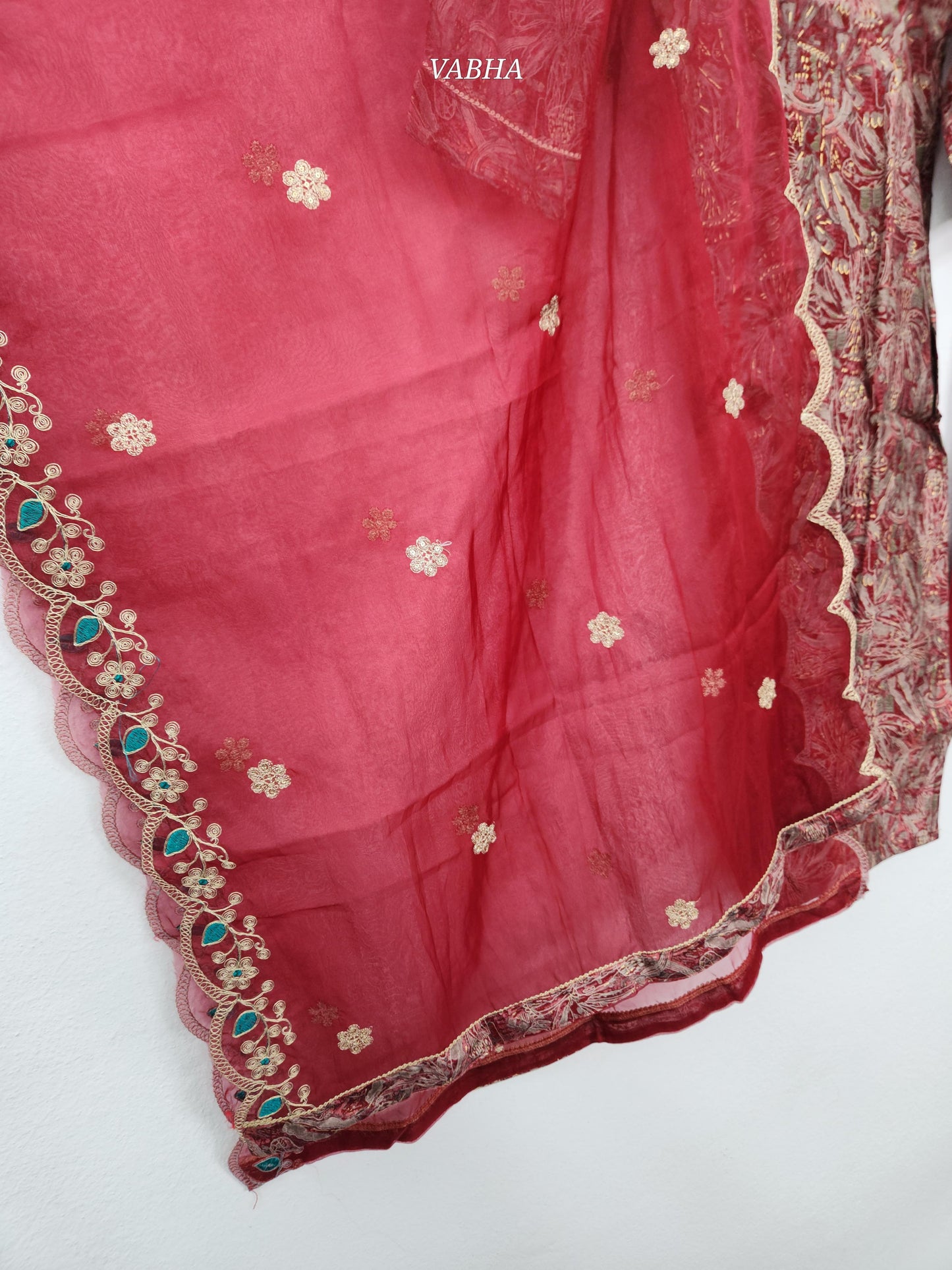 KPD141 Red Modal Silk scalop V neck With Zari Embroidery Printed With Lining Straight Cut Kurti Pant Duppatta