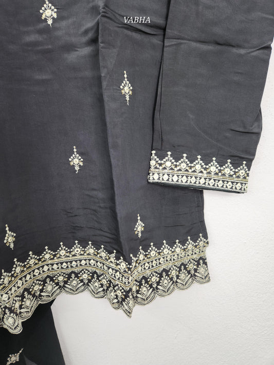 KPD156 M Size Dark Grey Roman Silk Round neck With Thread Embroidery With Lining Straight Cut Kurti Pant Dupatta