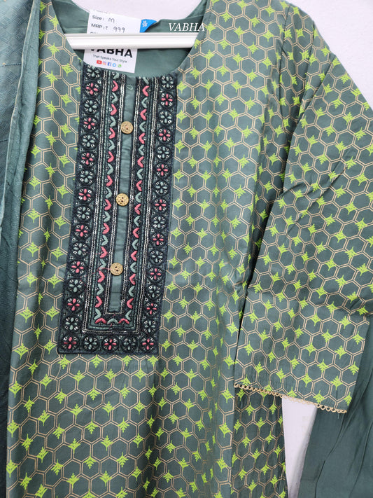 KPD163 M Size Greish Green Roman Silk Round Neck Thread Embroidery Printed Style Straight Cut Kurti Pant Duppatta