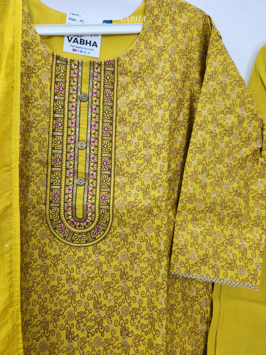 KPD165 M Size Yellow Roman Silk Round Neck Thread Embroidery Printed Style Straight Cut Kurti Pant Duppatta