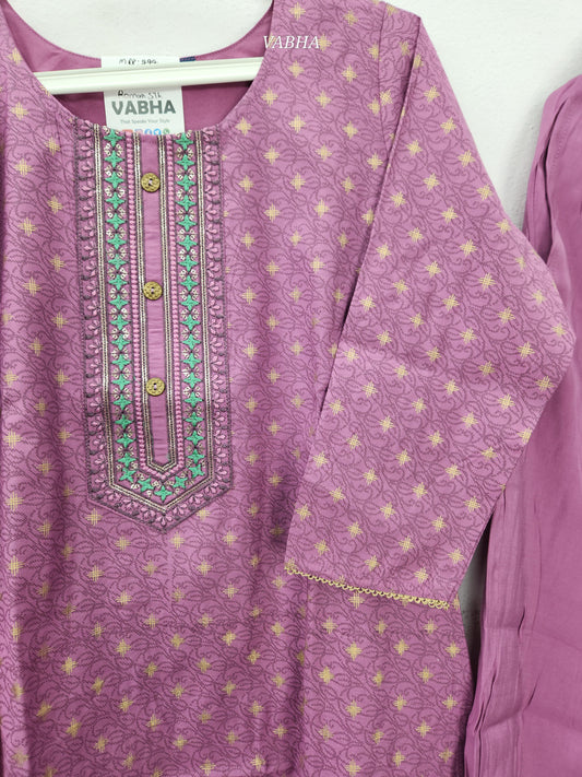KPD168 M Size Light Purple Roman Silk Round Neck Thread Embroidery Printed Style Straight Cut Kurti Pant Duppatta
