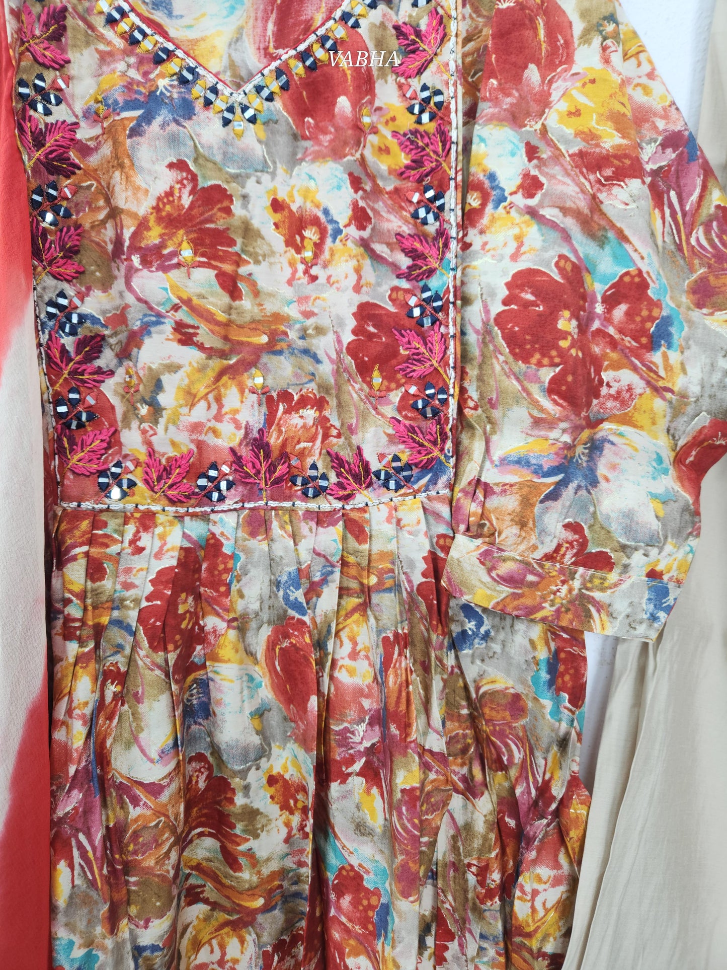 KPD181 Orange Modal Silk Curvy V Neck Floral Print Straight Cut Kurti Pant Duppatta