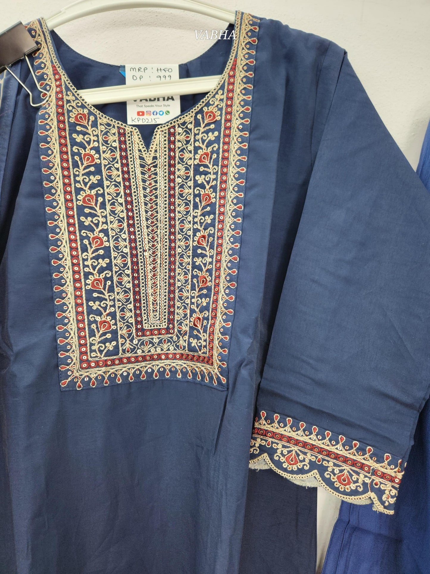 KPD215 Navy Blue Roman Silk Round Neck V Cut Zari Embroidery Straight Cut Kurthi Pant Duppatta