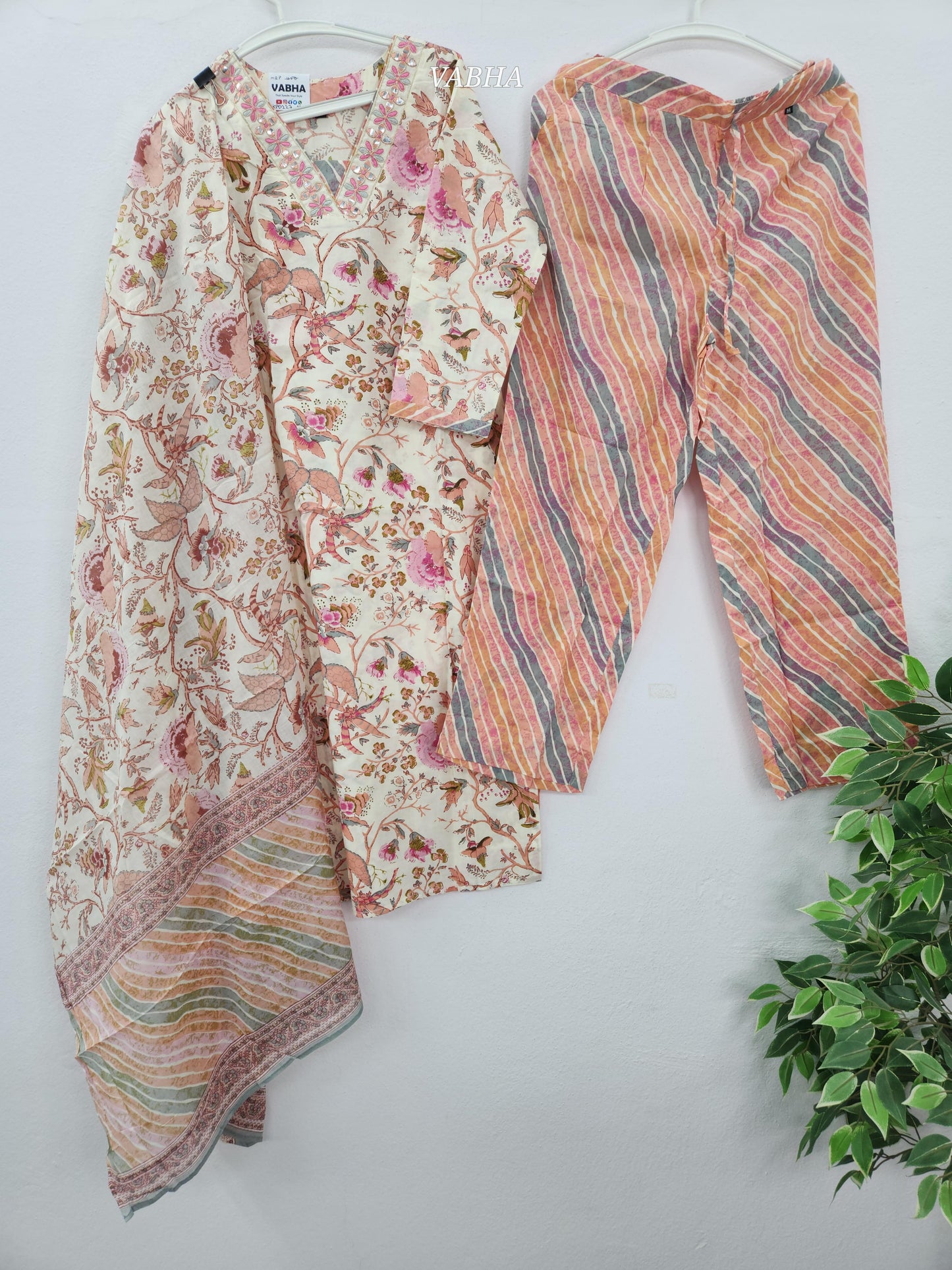 KPD227 Cream Pink Cotton V Neck Thread Embroidery Straight Cut Kurthi Pant Duppatta
