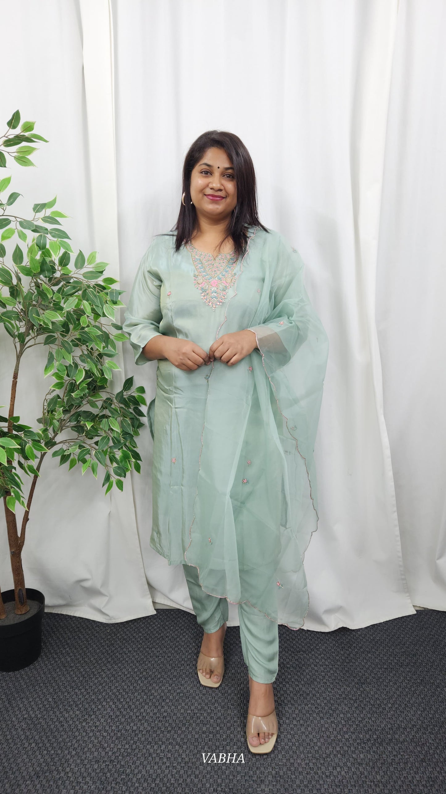 KPD07 Sea Green Tissue Kurti Pant Dupatta