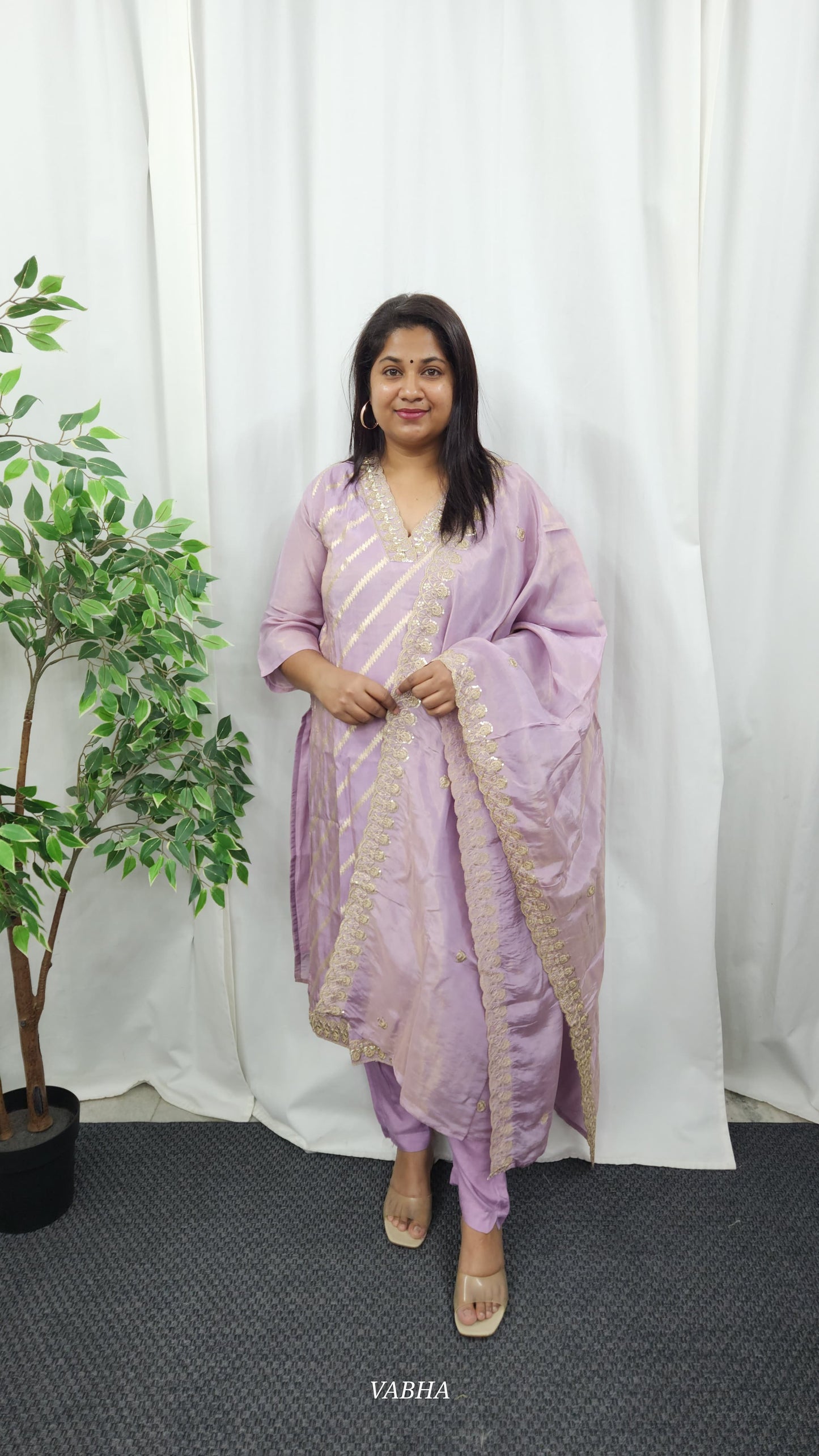 KPD12 Lavender Diagonal Tissue Kurti Pant Dupatta 3 Piece Set