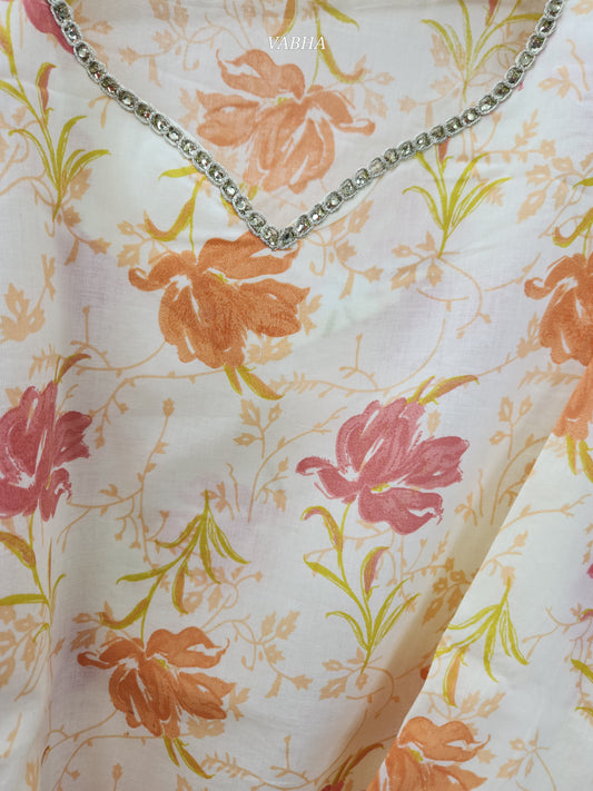 KPD106 Light Yellow Floral Print Straight Cut Cotton Kurti Pant Duppatta