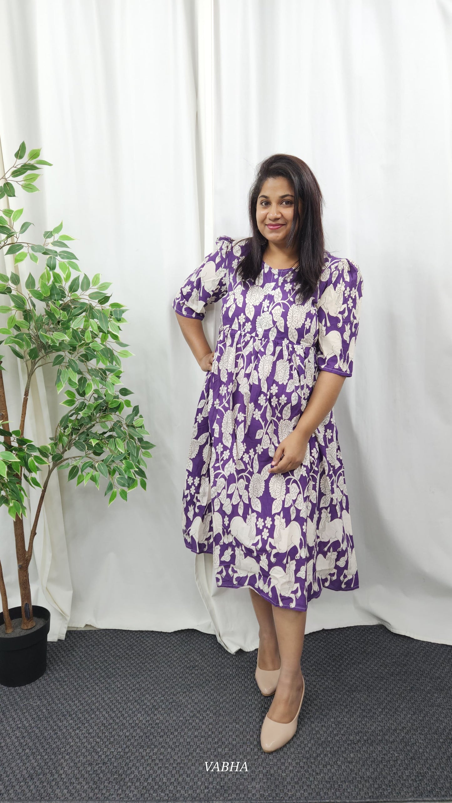 F08 Purple Kalamkari Print Cotton Frock