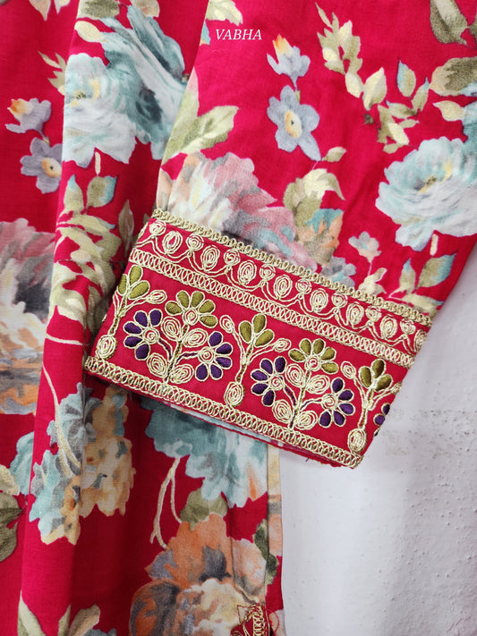 KPD117 2XL Size Pink Modal Silk With V Neck Thread Embroidery Floral Print Straight Cut Kurti Pant Duppatta