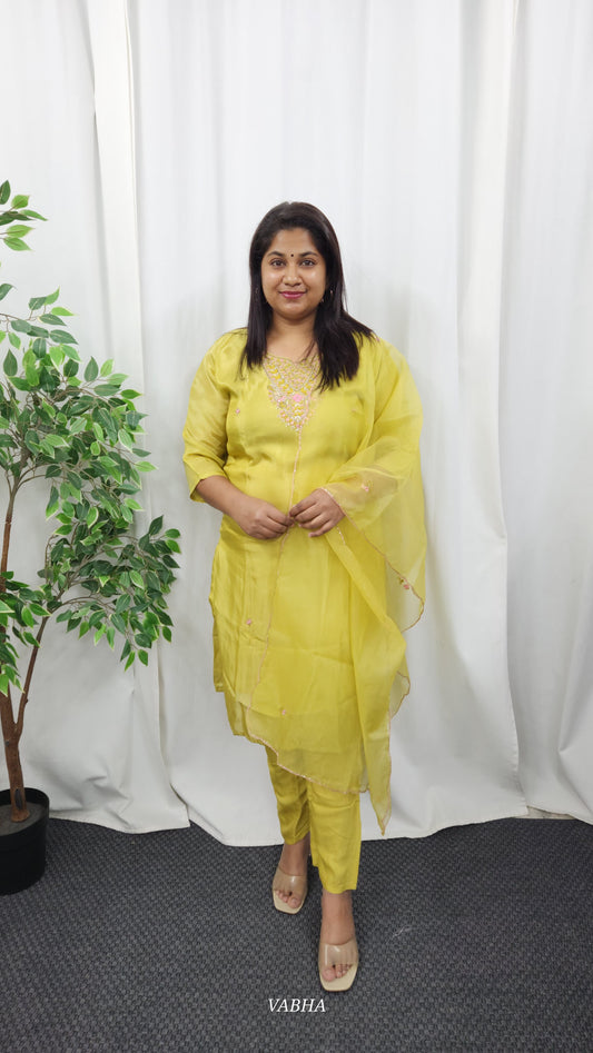 KPD08 Lemon Green Tissue Kurti Pant Dupatta 2XL & 3XL