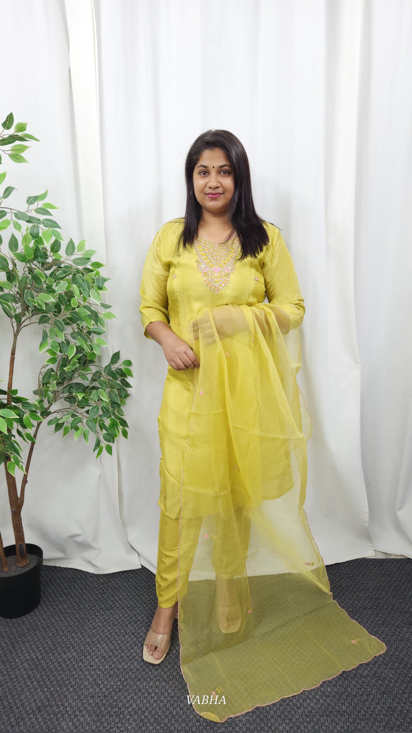 KPD08 Lemon Green Tissue Kurti Pant Dupatta