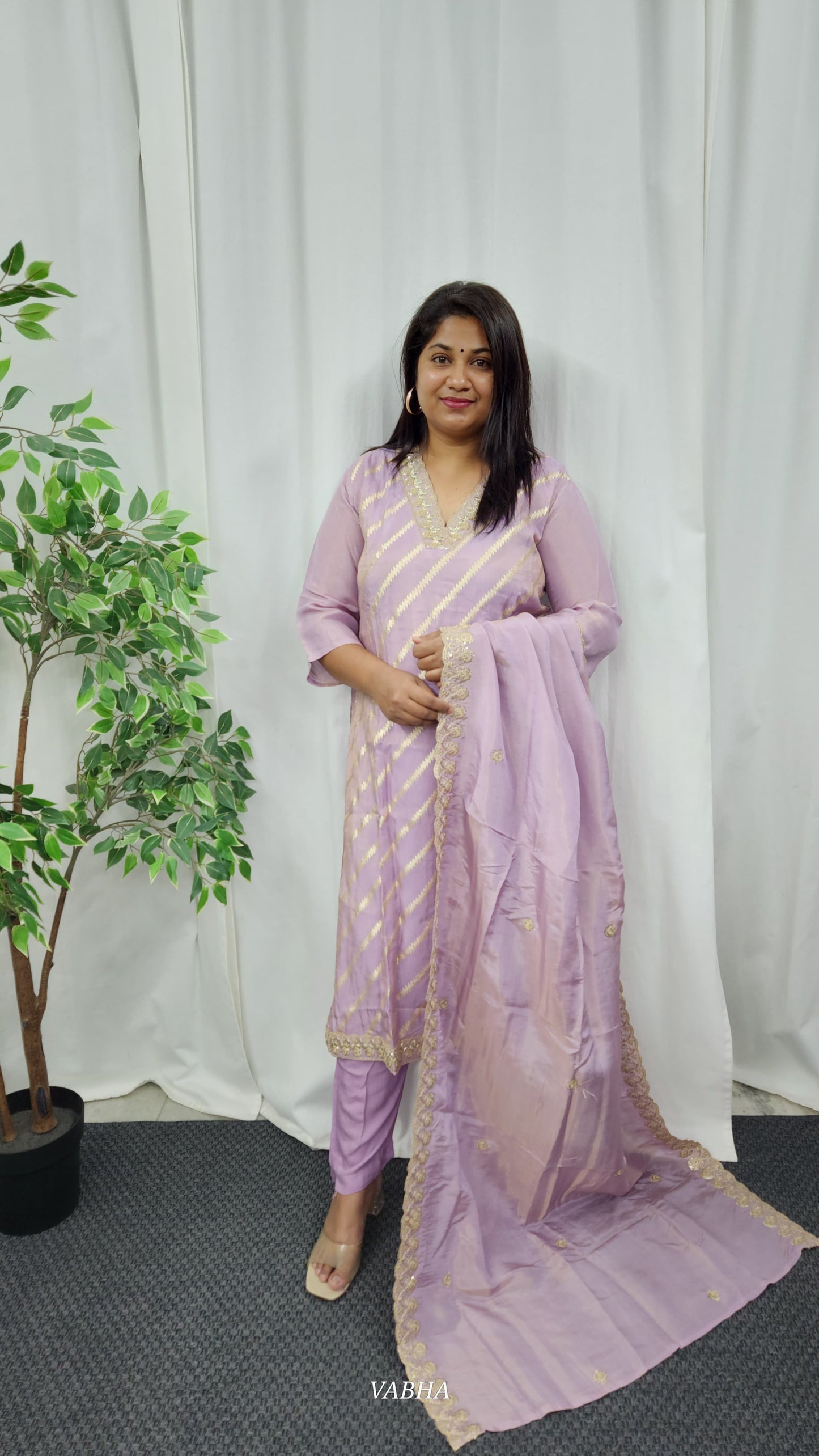 KPD12 Lavender Diagonal Tissue Kurti Pant Dupatta 3 Piece Set