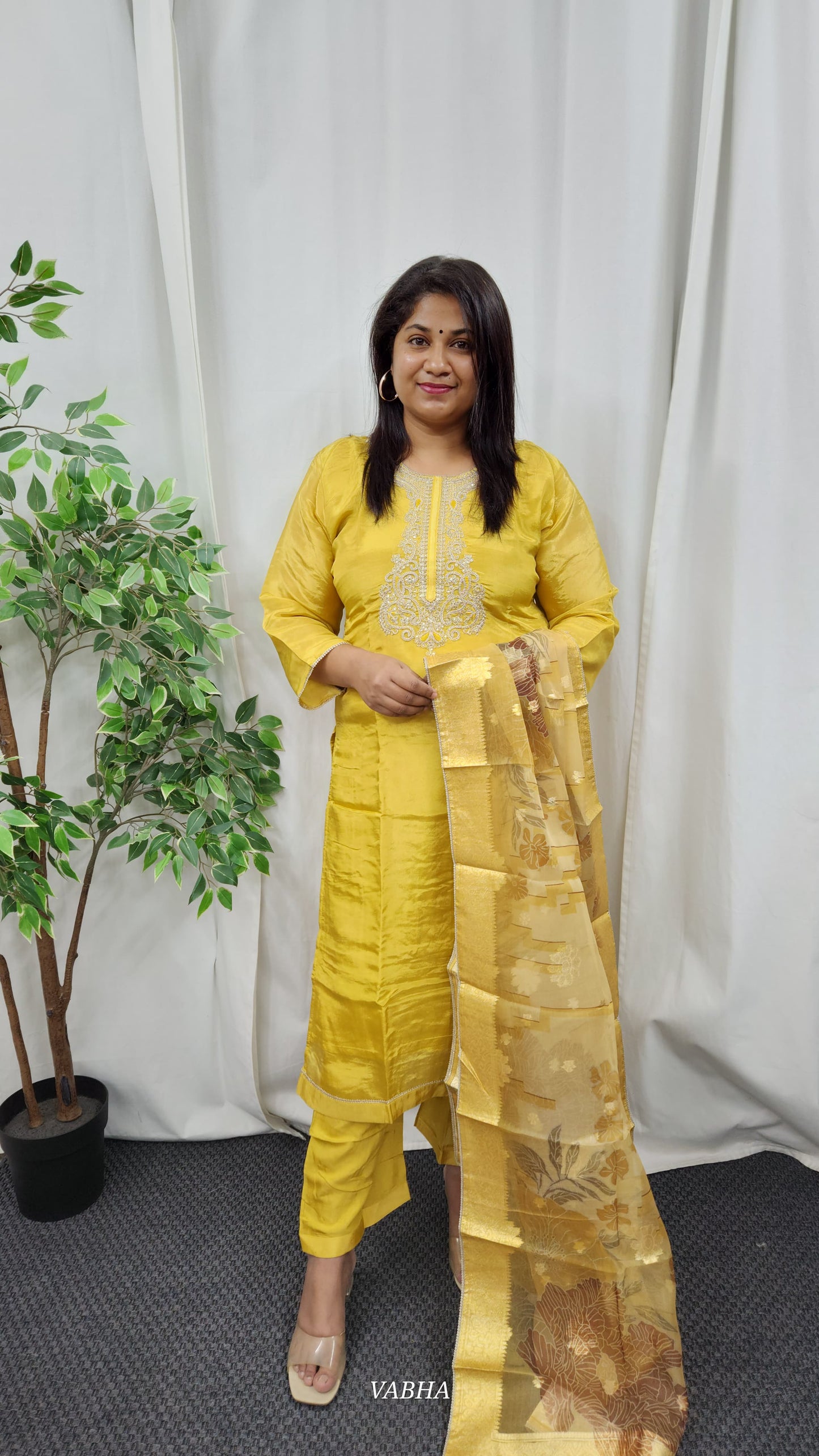 KPD01 Golden Yellow Tissue Kurti Pant Dupatta