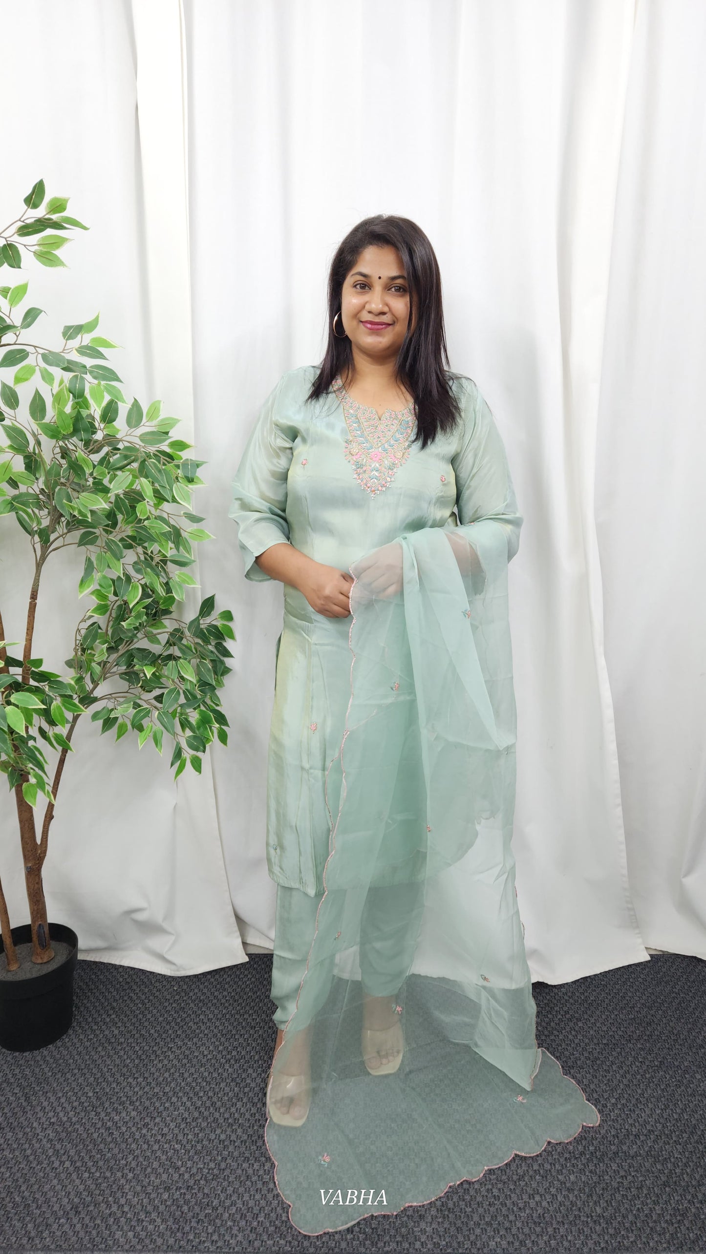 KPD07 Sea Green Tissue Kurti Pant Dupatta