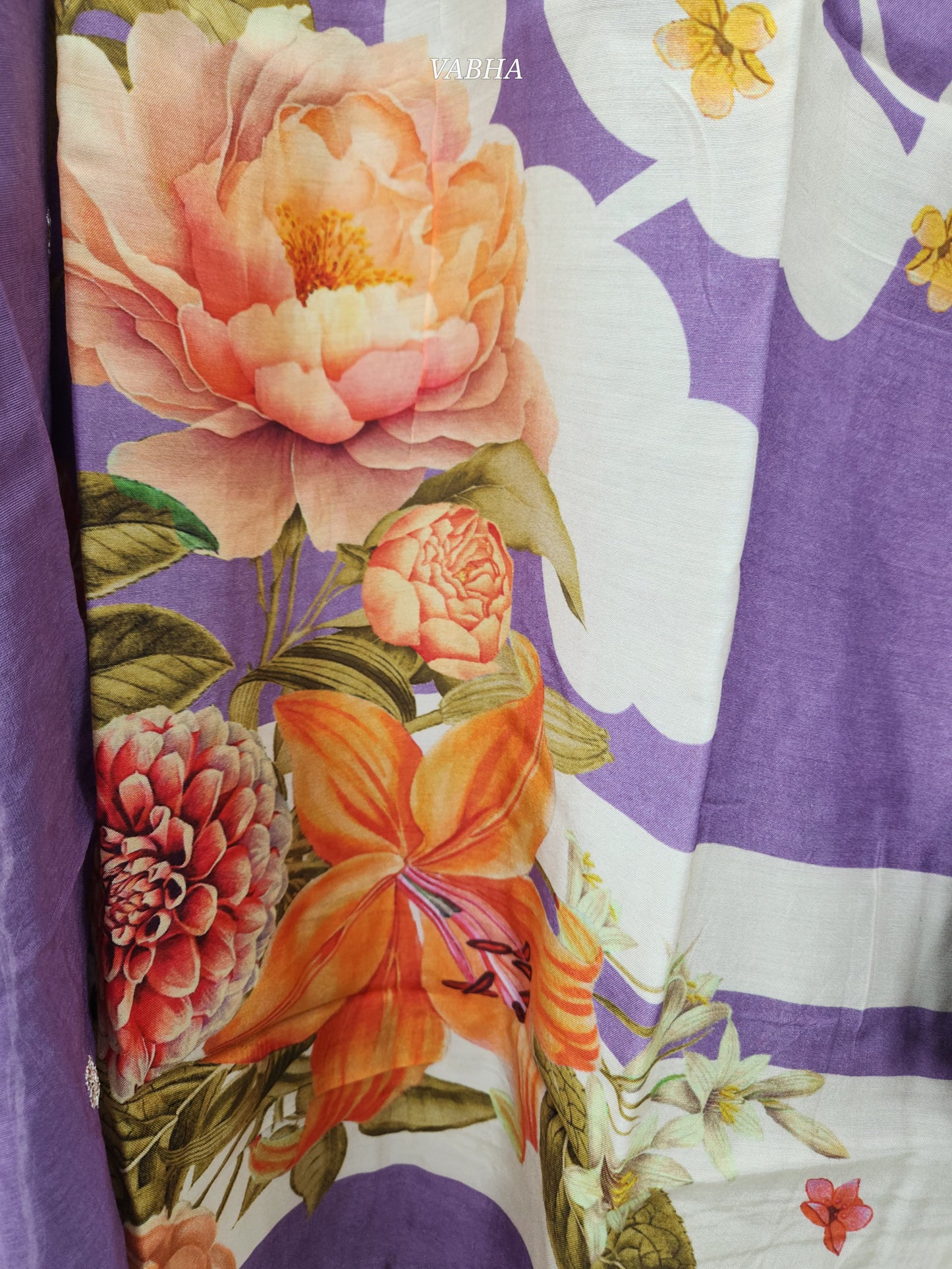 KPD110 Lavender Muslin With Digital Print Heavy Pearl And Sequence V Neck Kurti Pant Duppatta Jio