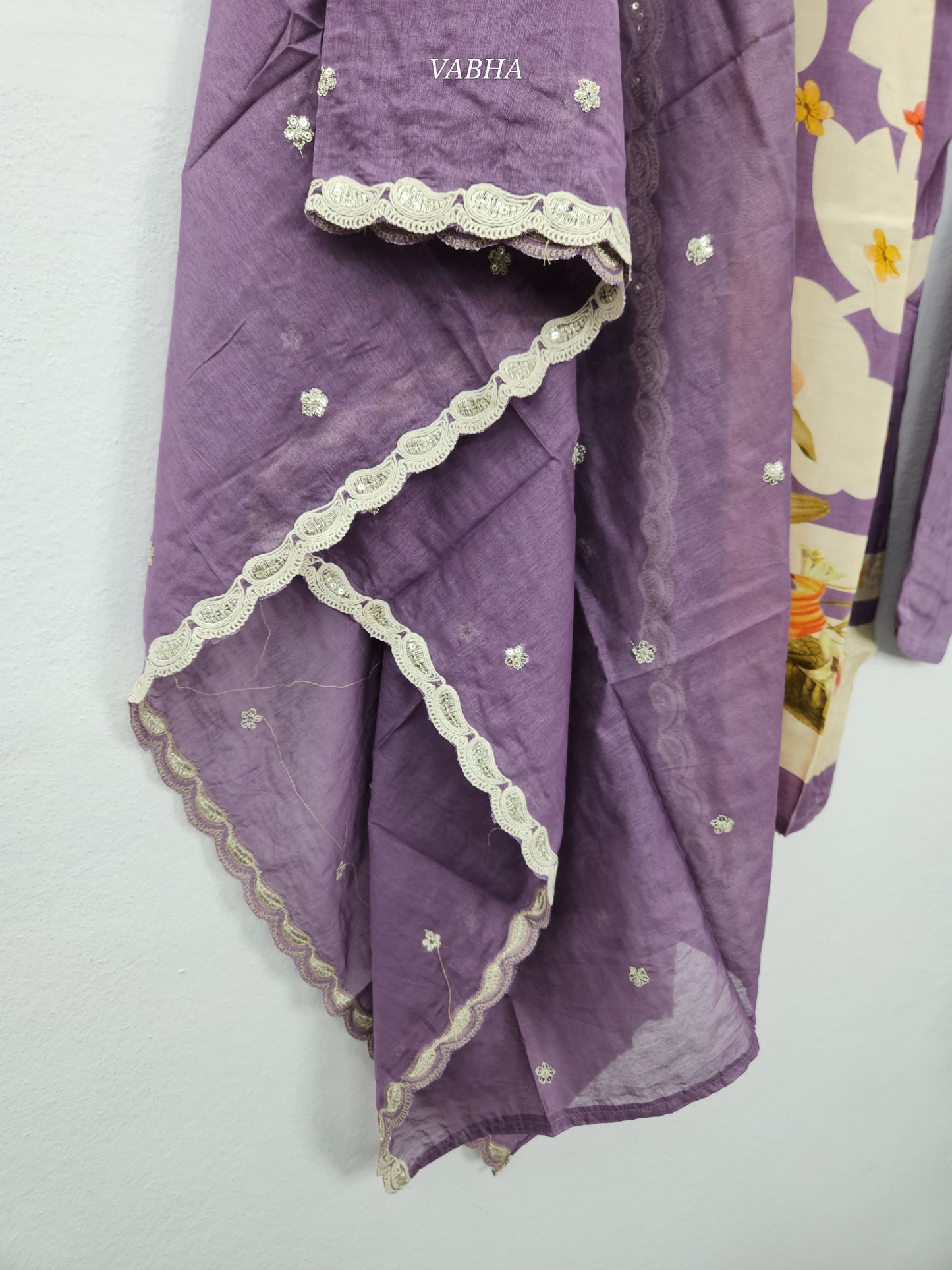KPD110 Lavender Muslin With Digital Print Heavy Pearl And Sequence V Neck Kurti Pant Duppatta Jio
