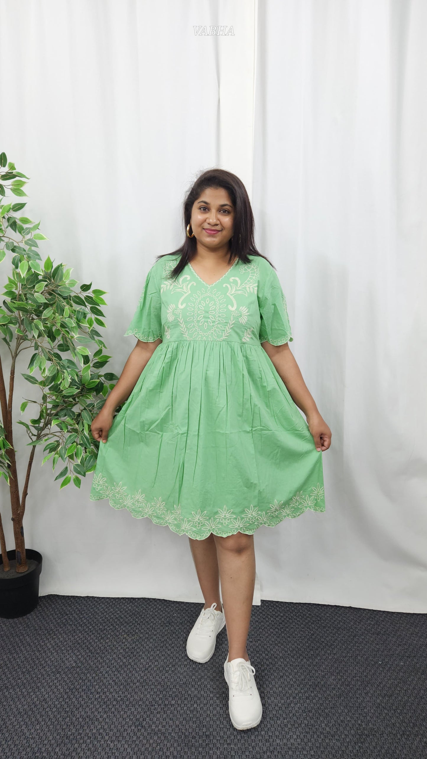 F51 Pista Green V Neck Thread Embroidery Cotton Frock with pockets