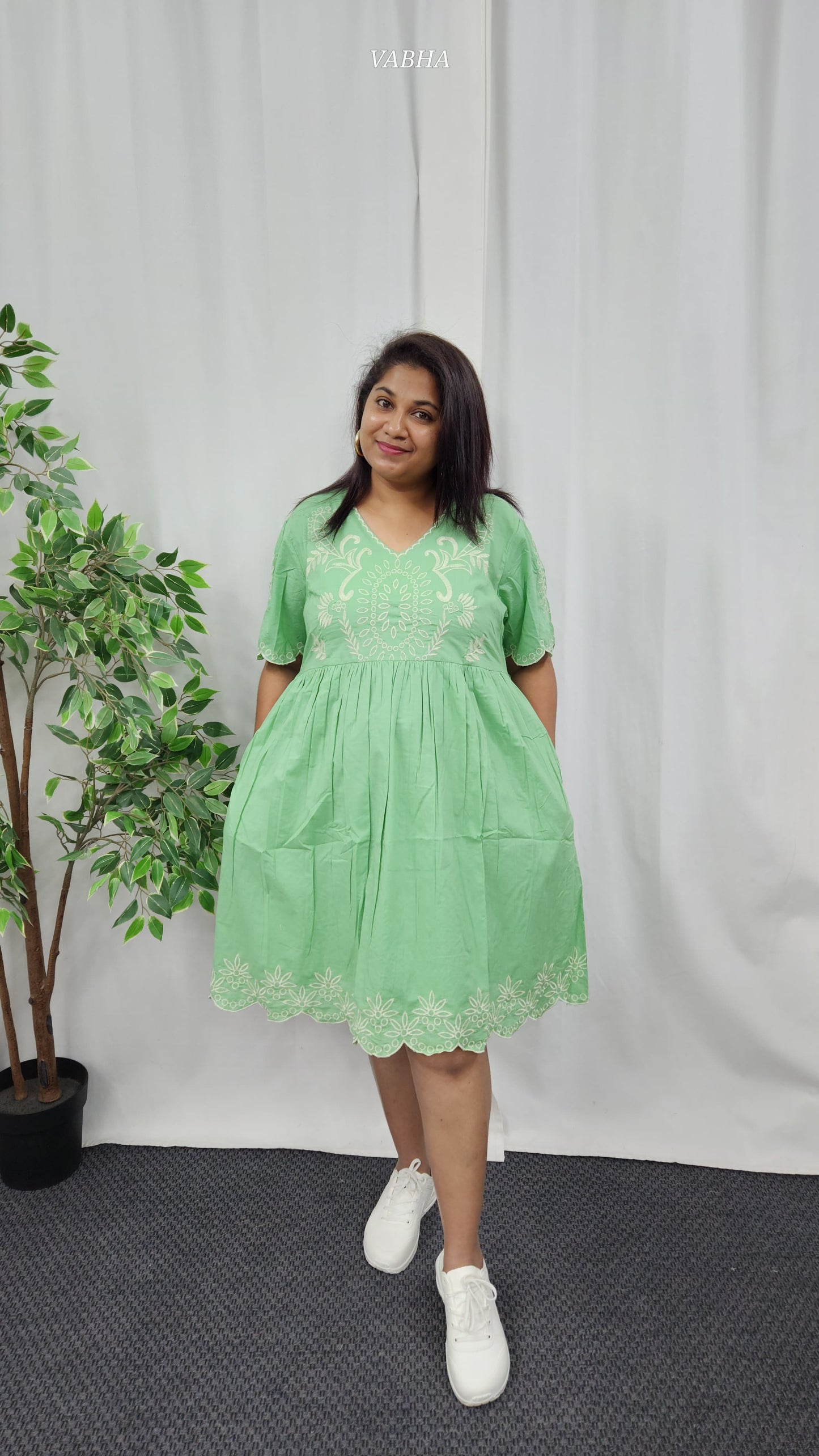 F51 Pista Green V Neck Thread Embroidery Cotton Frock with pockets