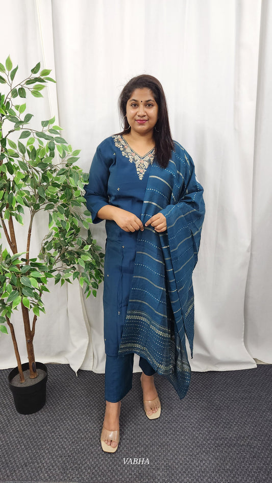 KPD25 Navy Blue Roman Silk Kurti Pant Dupatta M & L