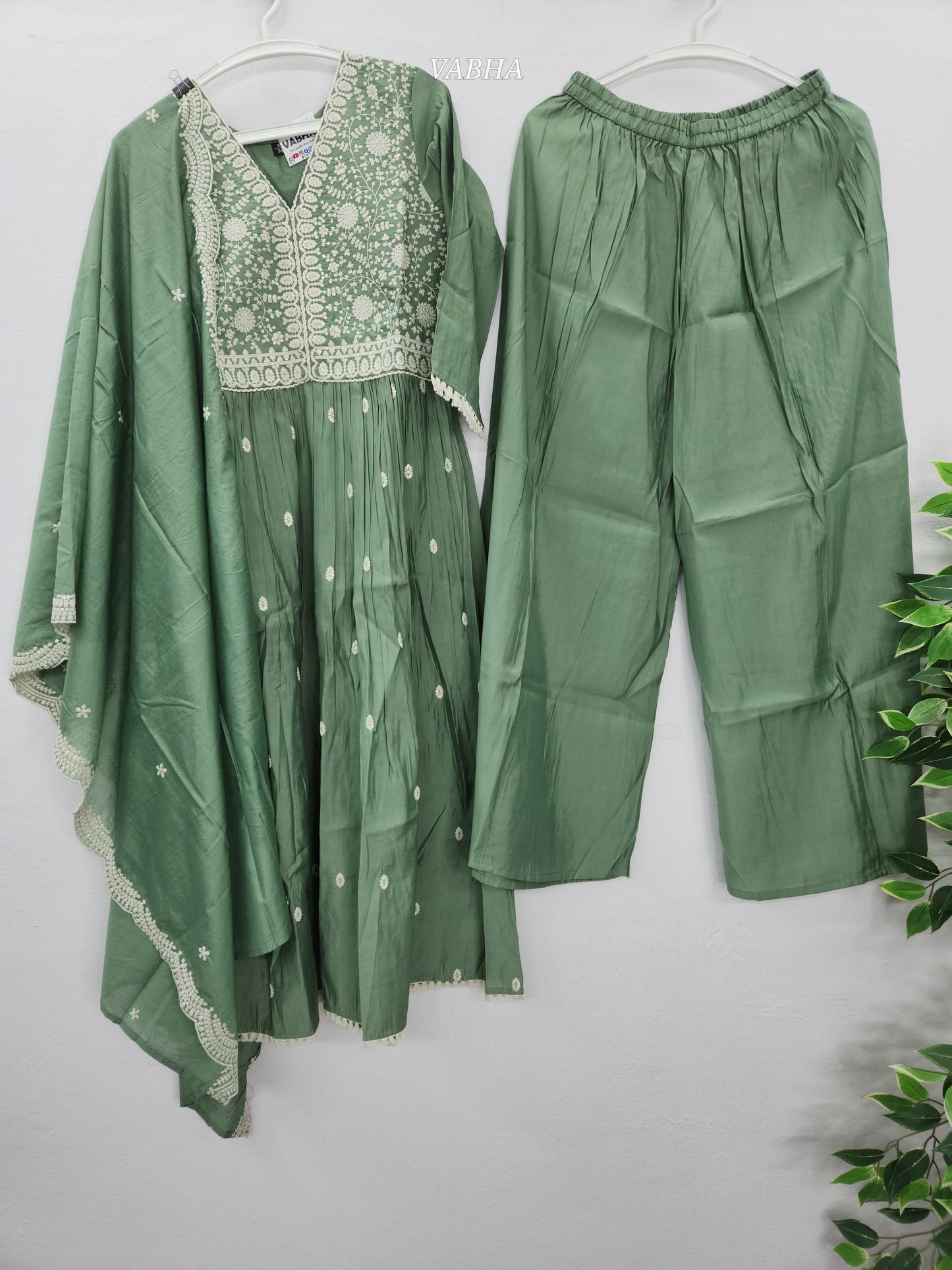 KPD78 Modal Silk Pista Green V-neck Thread Embroidery A-line Style With Palazzo Kurti Pant Dupatta
