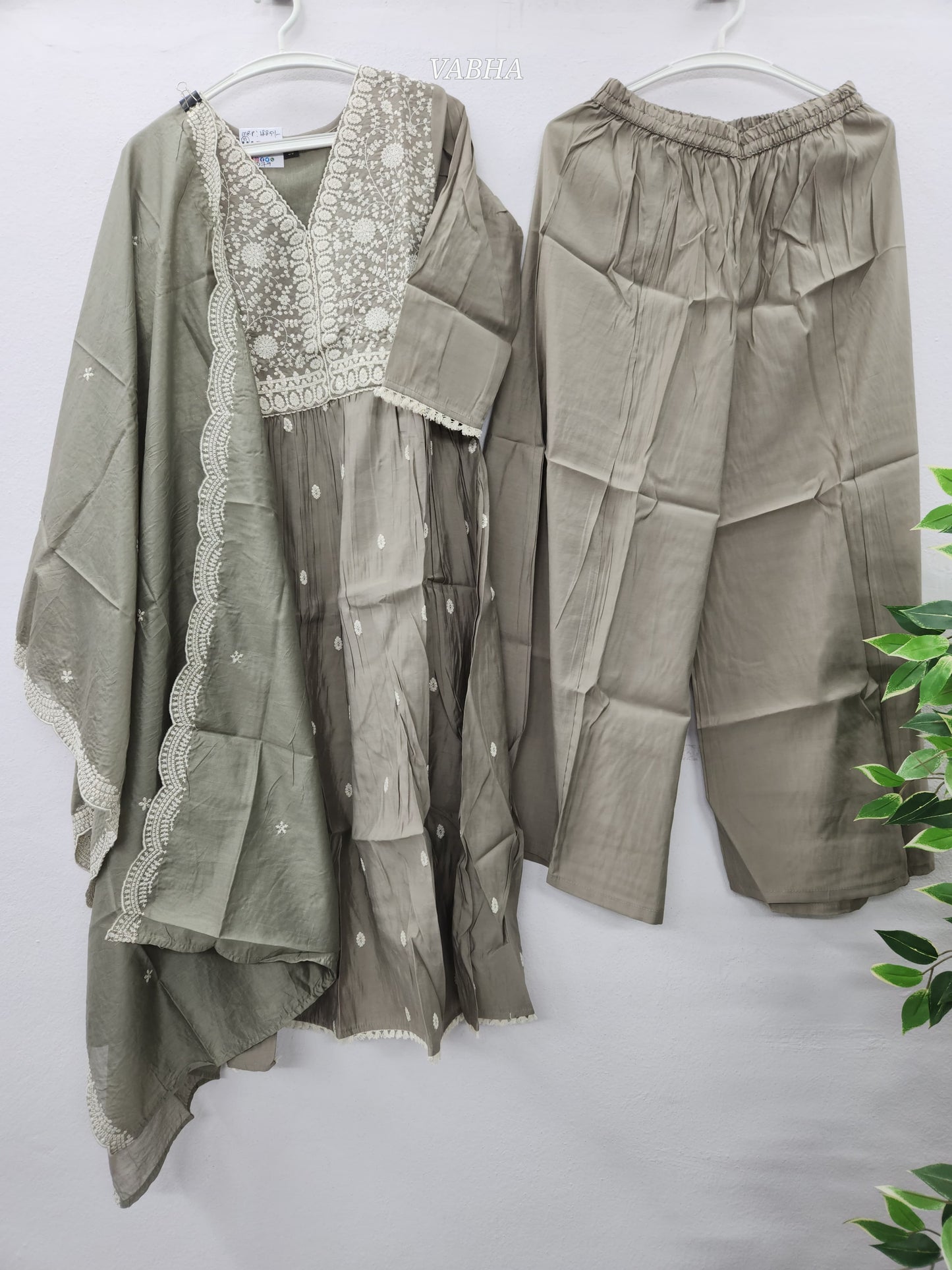 KPD79 Modal Silk Ivory Grey V-neck Thread Embroidery A-line Style With Kurti Palazzo Pant Dupatta