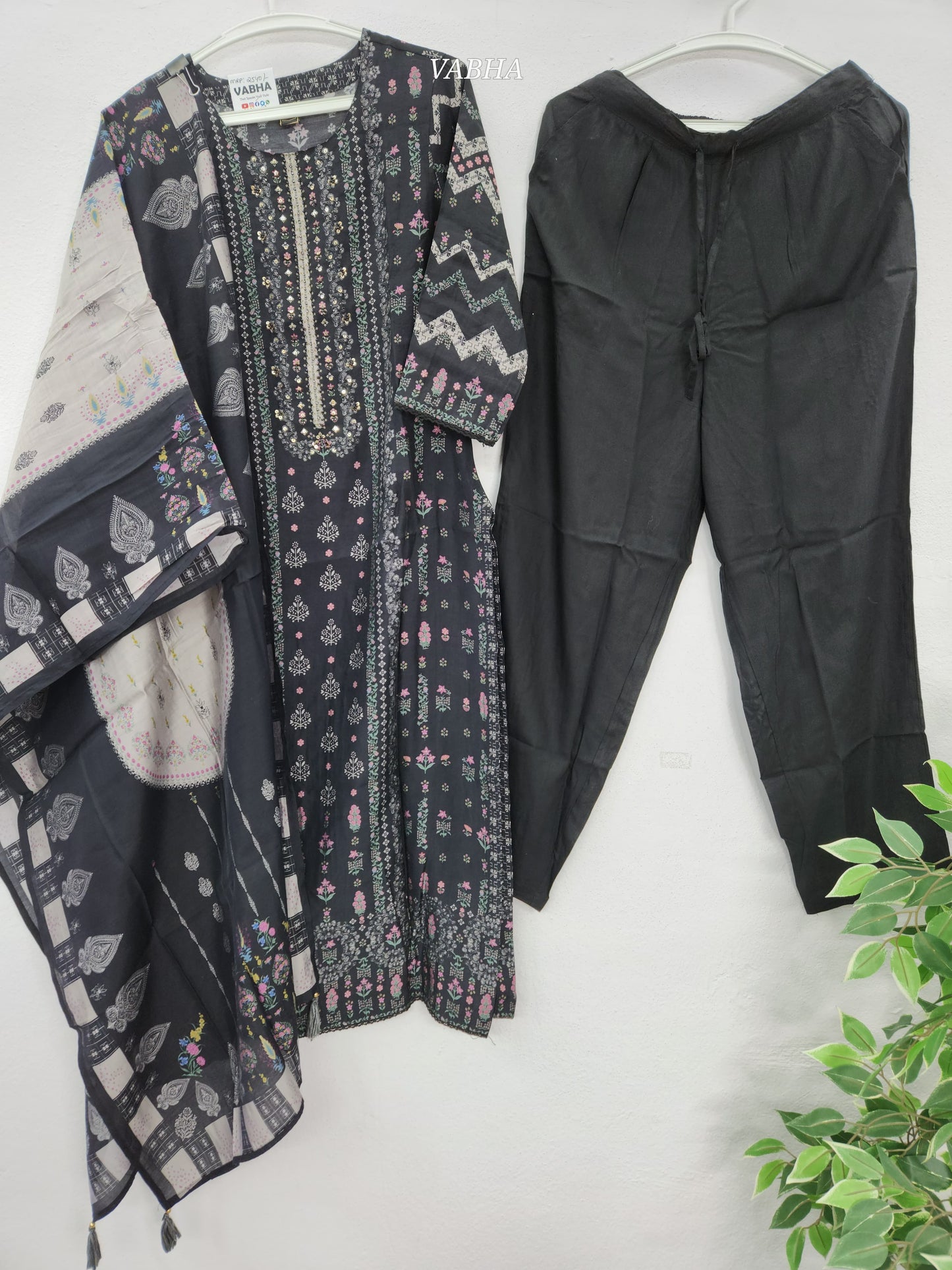 KPD94 Black Muslin Silk Round Neck Printed Style With Sequence Work on Yoke Part Simple Party Wear Kurti Pant Dupatta