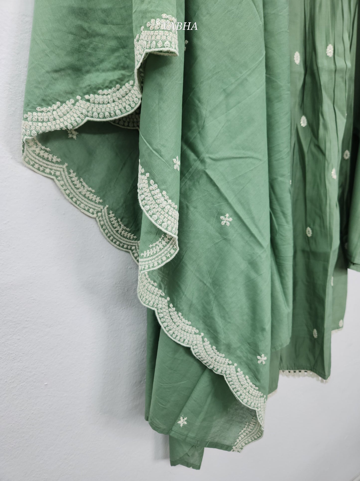 KPD78 Modal Silk Pista Green V-neck Thread Embroidery A-line Style With Palazzo Kurti Pant Dupatta