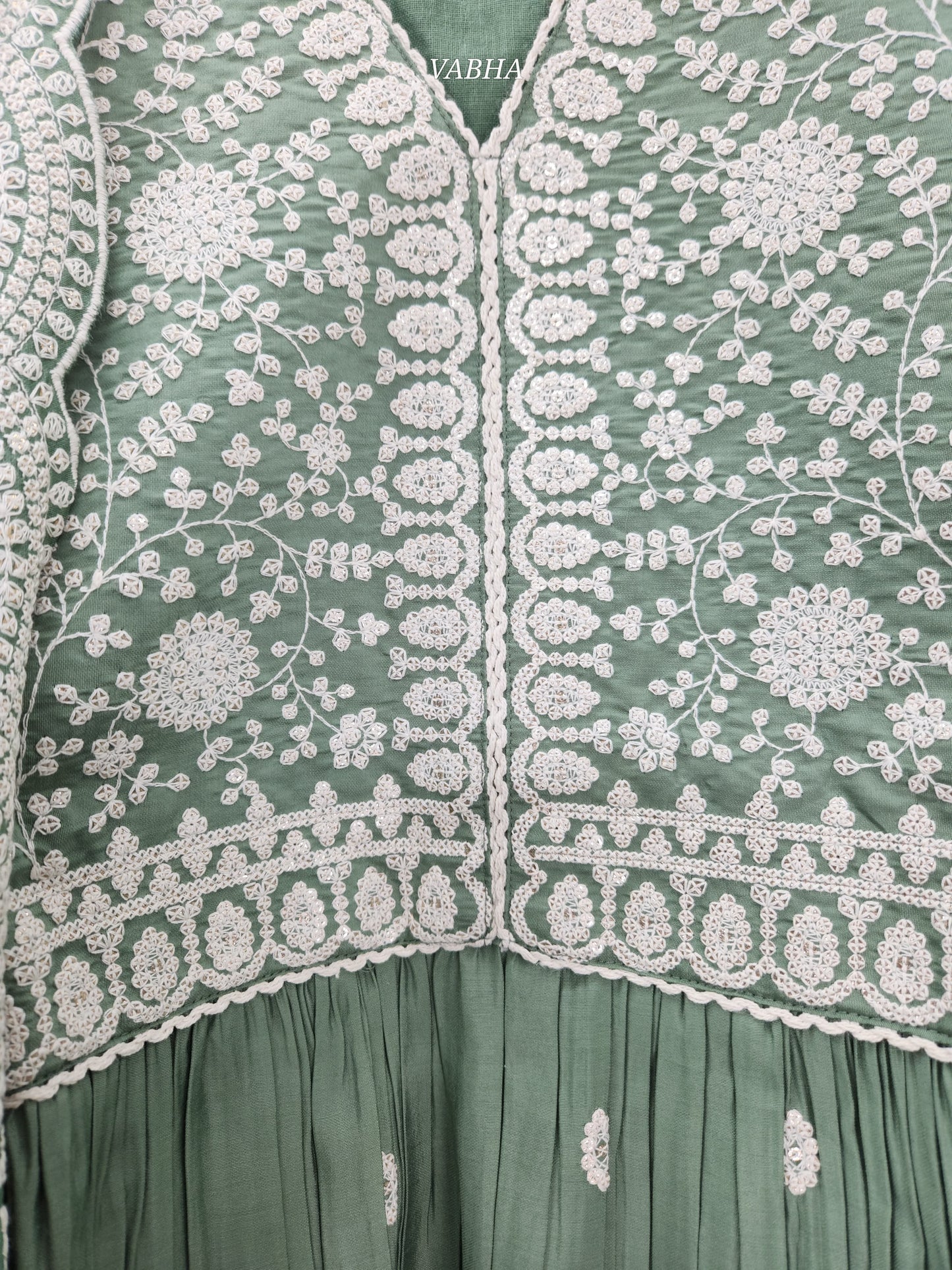 KPD78 Modal Silk Pista Green V-neck Thread Embroidery A-line Style With Palazzo Kurti Pant Dupatta