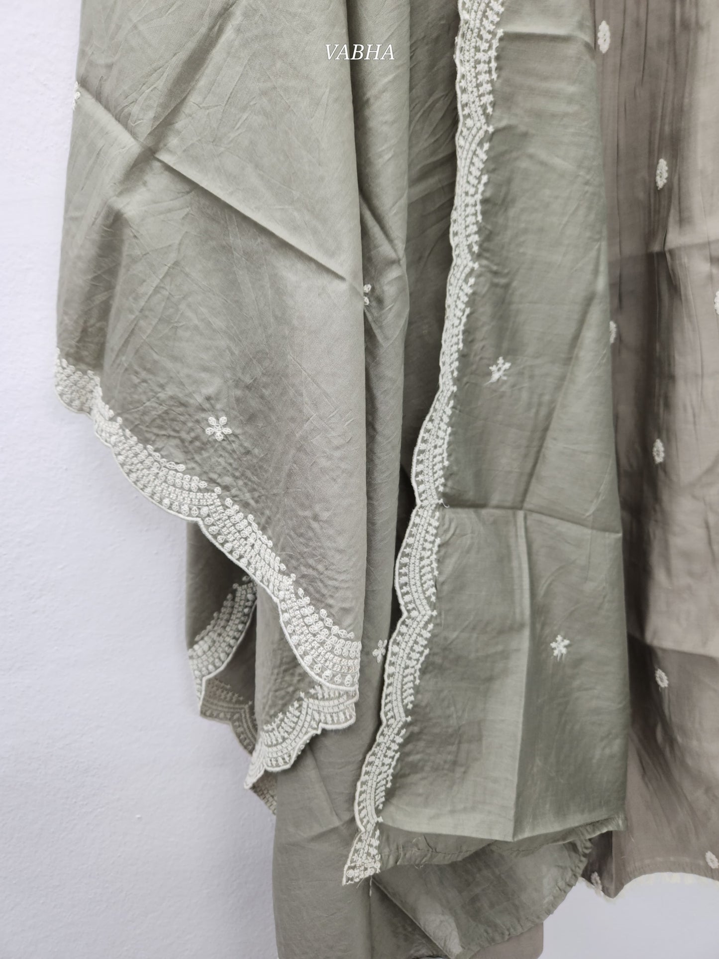 KPD79 Modal Silk Ivory Grey V-neck Thread Embroidery A-line Style With Kurti Palazzo Pant Dupatta