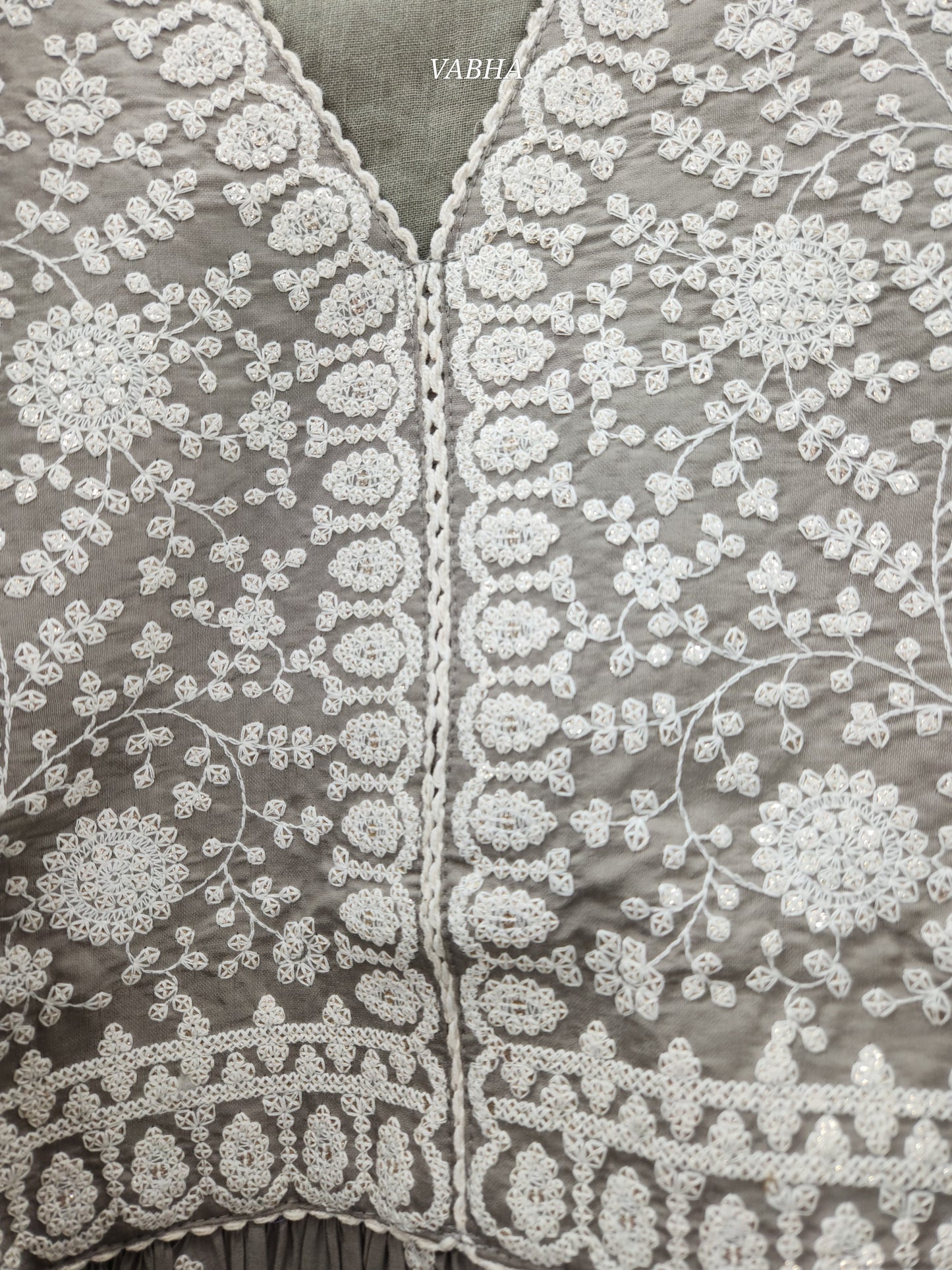 KPD79 Modal Silk Ivory Grey V-neck Thread Embroidery A-line Style With Kurti Palazzo Pant Dupatta