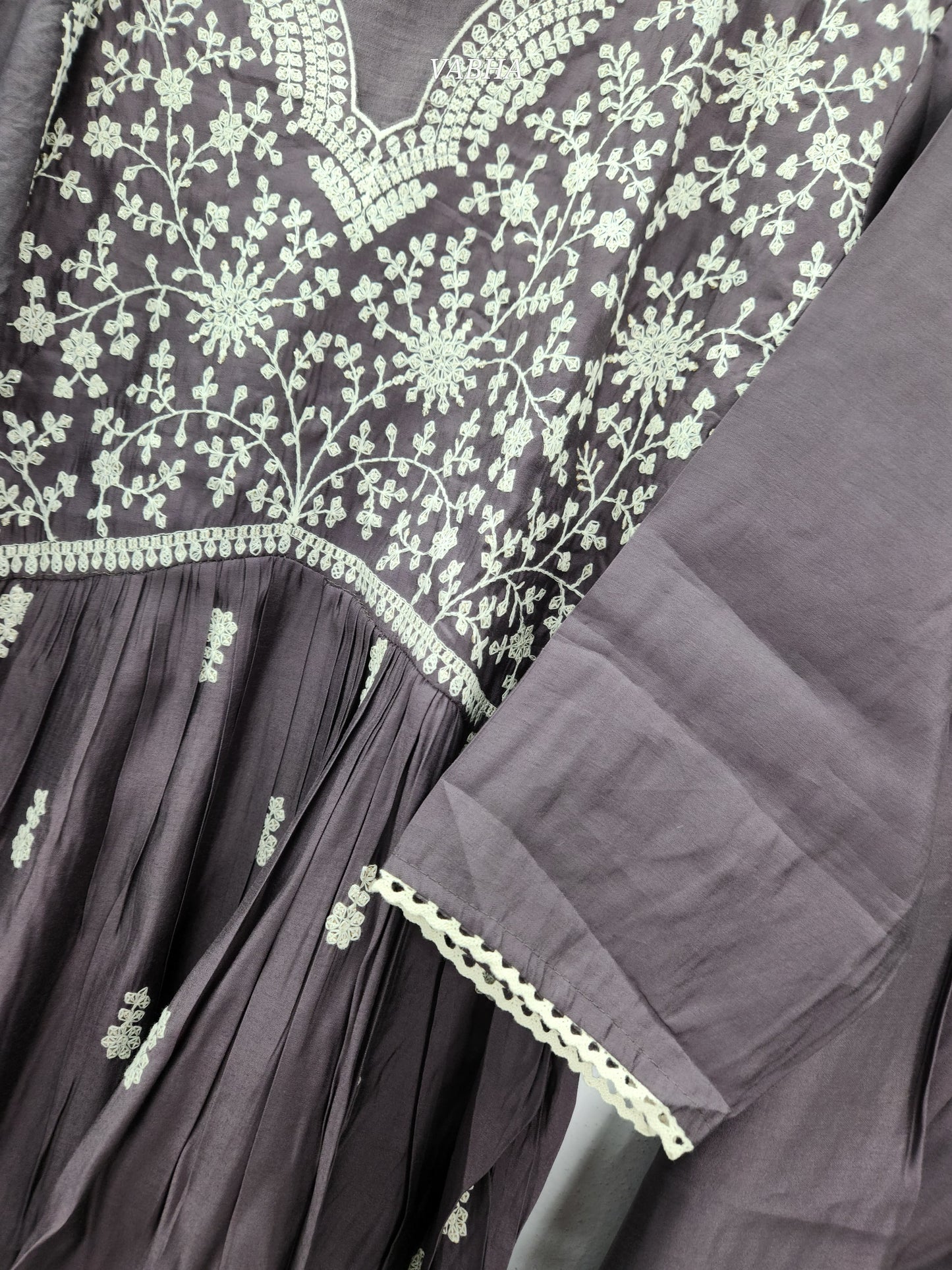 KPD80 Modal Silk Purple Grey V-neck Thread Embroidery A-line Style With Kurti Palazzo Pant Dupatta