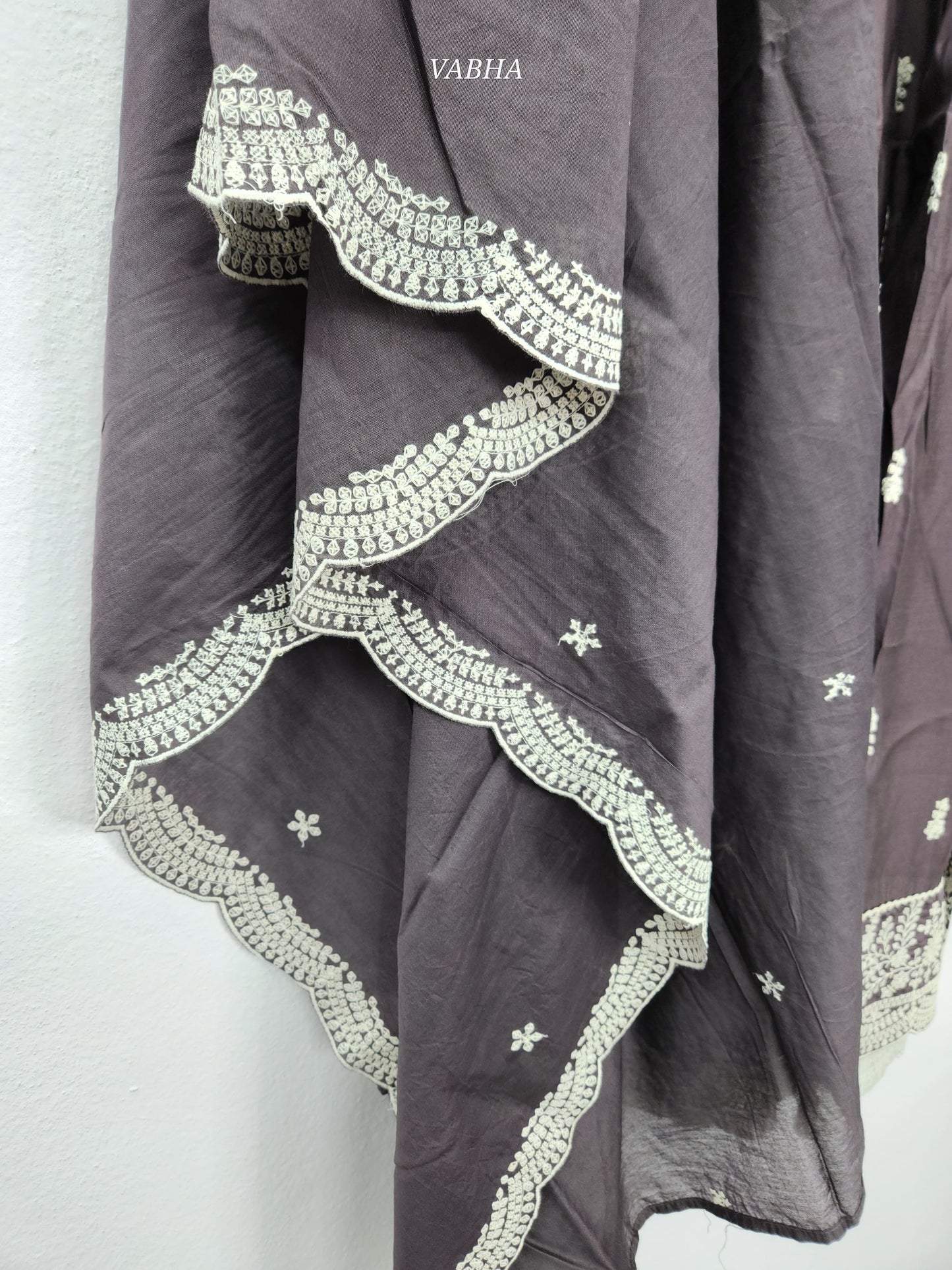 KPD80 Modal Silk Purple Grey V-neck Thread Embroidery A-line Style With Kurti Palazzo Pant Dupatta