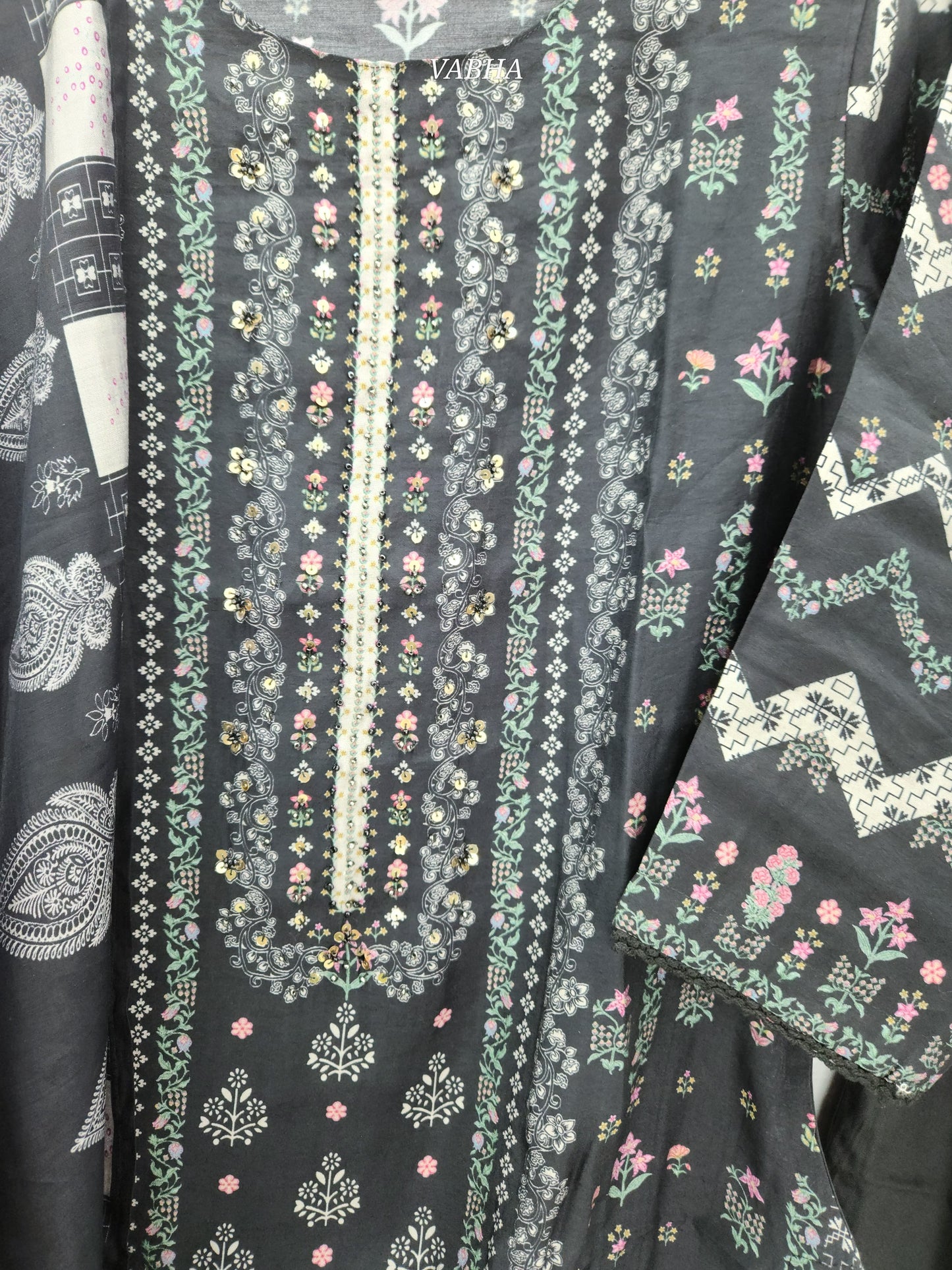 KPD94 Black Muslin Silk Round Neck Printed Style With Sequence Work on Yoke Part Simple Party Wear Kurti Pant Dupatta