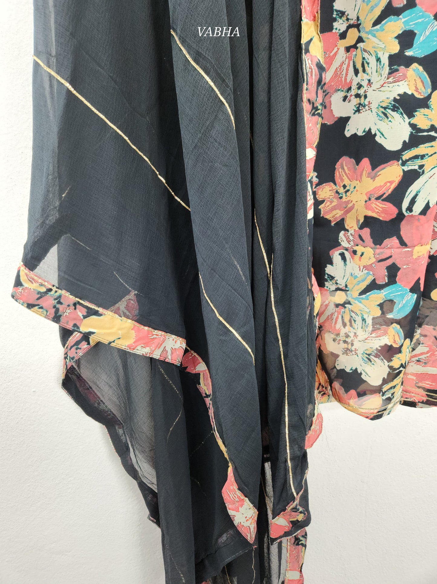 KPD96 Black Organza Digital Print With Heavy Work V-neck Kurti Pant Dupatta