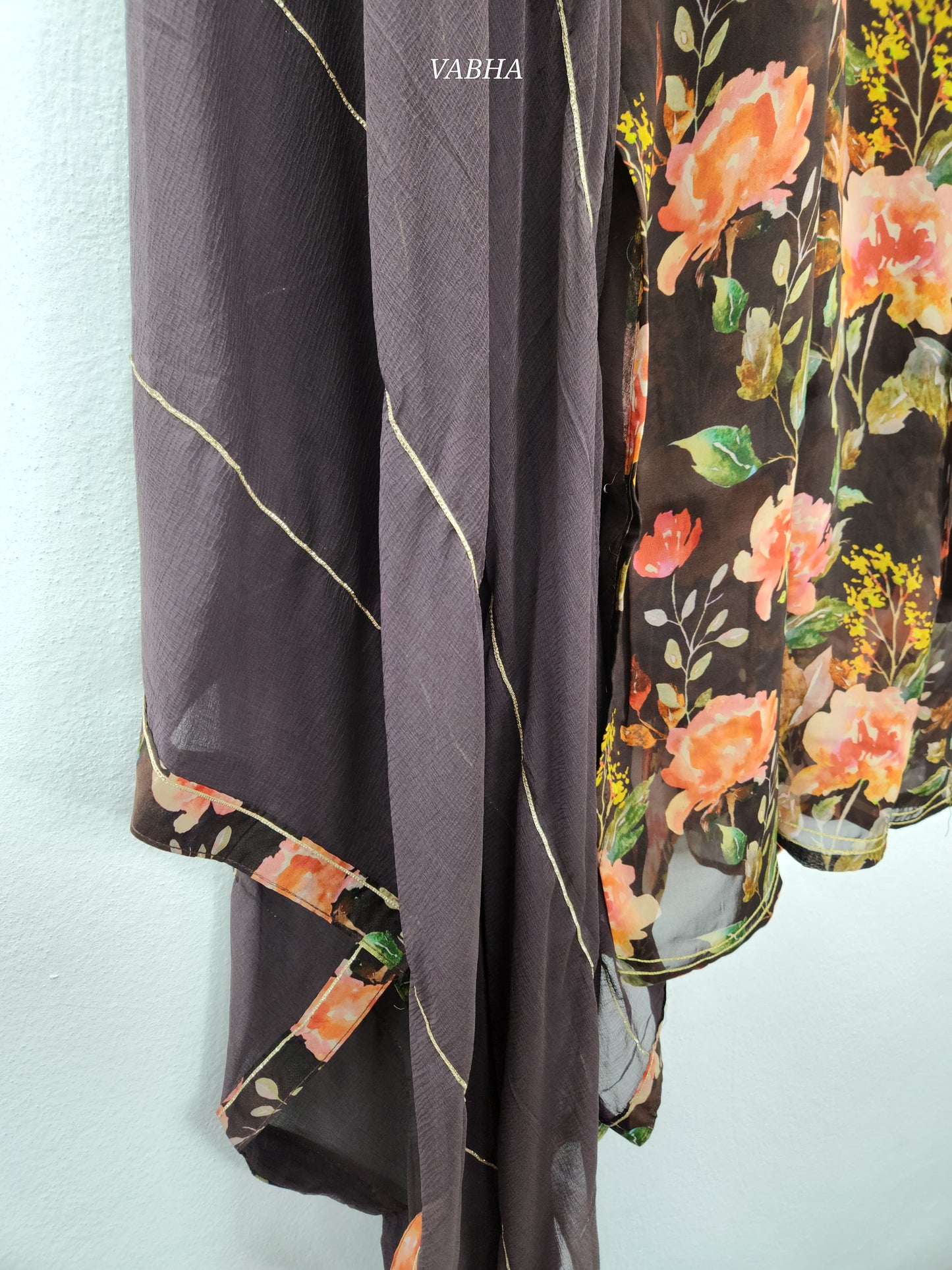 KPD99 Brown Organza Digital Print With Heavy Work V-neck Kurti Pant Dupatta
