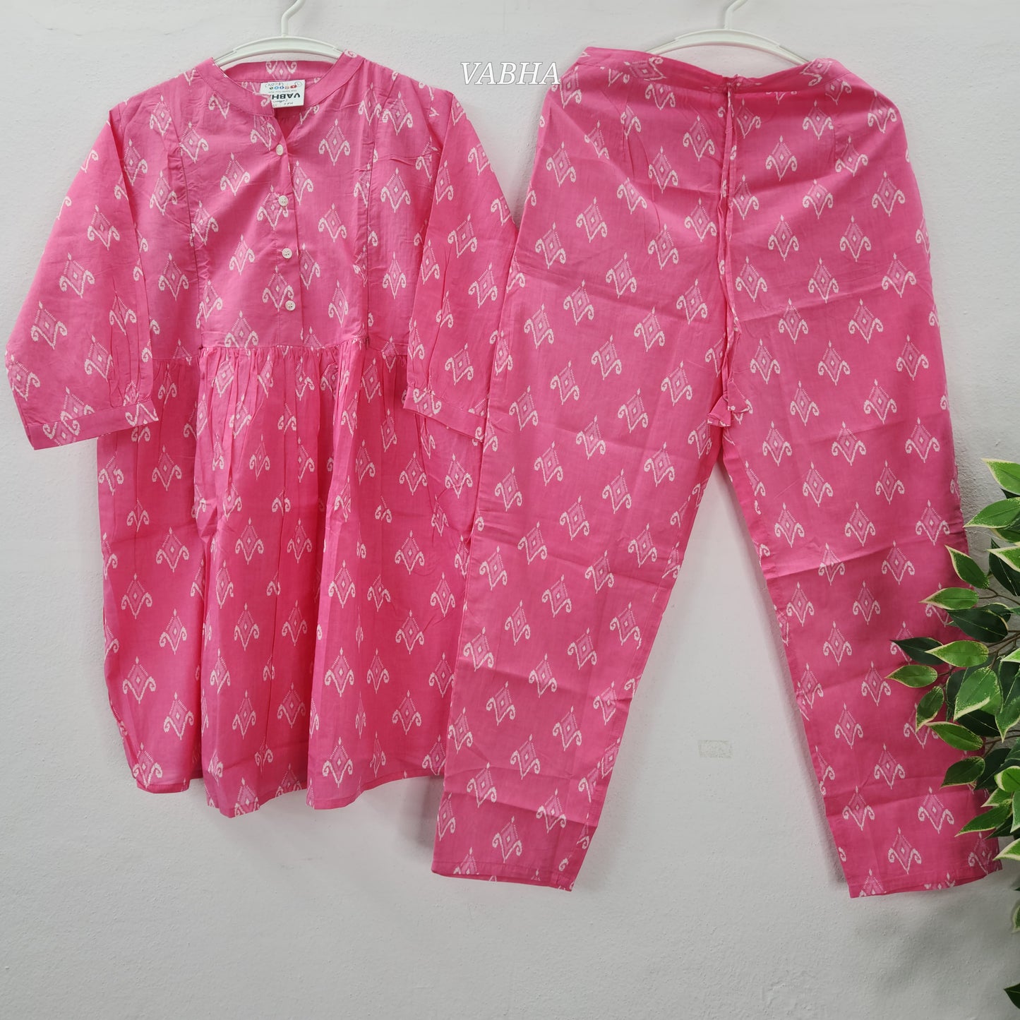 FC04 Pink Ikkat Print High Neck Peplum Style Feeding Cotton Co-Ord Set