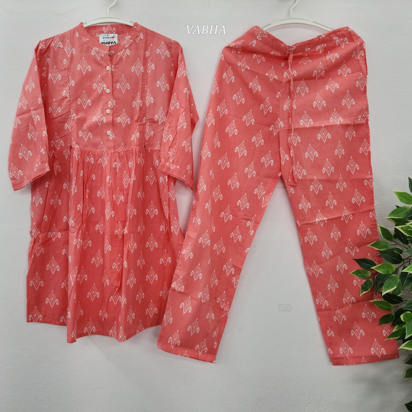 FC05 Peach Ikkat Print High Neck Peplum Style Feeding Cotton Co-Ord Det