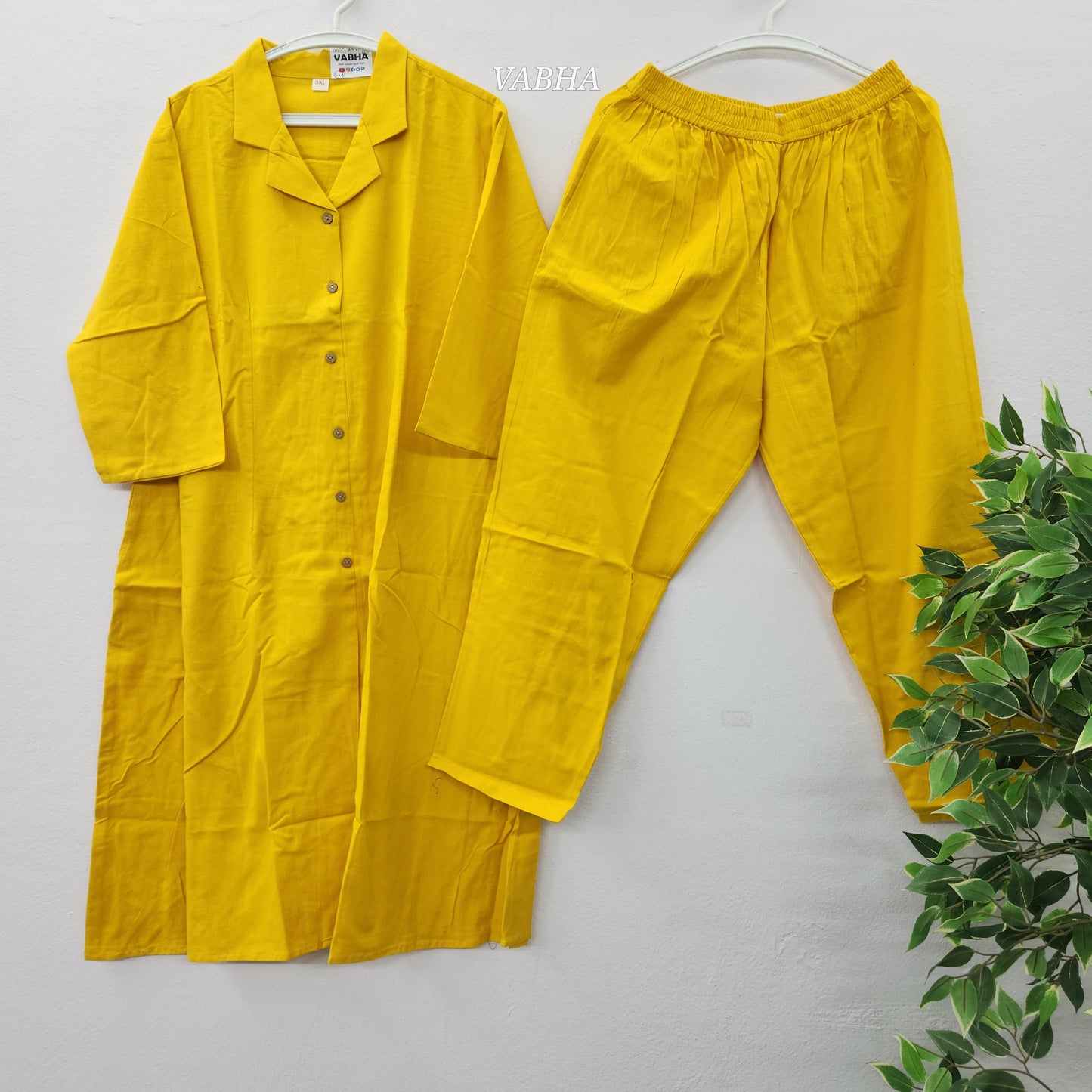 C53 Yellow Slub Cotton Collared A-line Co-Ord Set