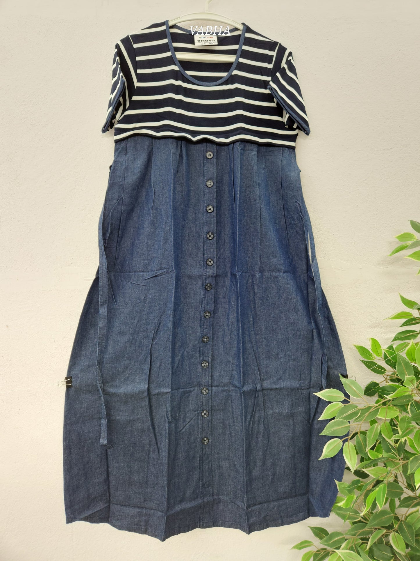 FF07 Denim Blue Stripes Design Feeding Frock
