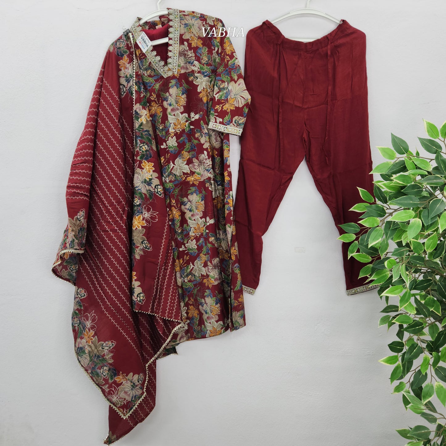 KPD63 Maroon Modal Silk Full V-Neck Floral Print With Lining Kurti Pant Dupatta