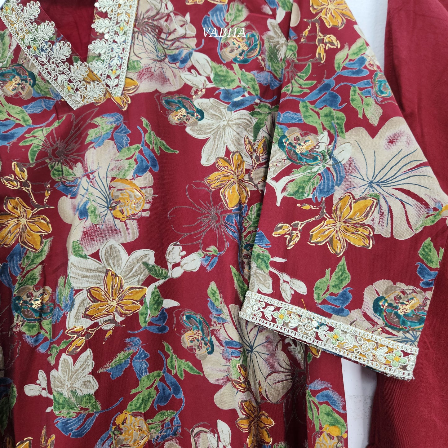 KPD63 Maroon Modal Silk Full V-Neck Floral Print With Lining Kurti Pant Dupatta