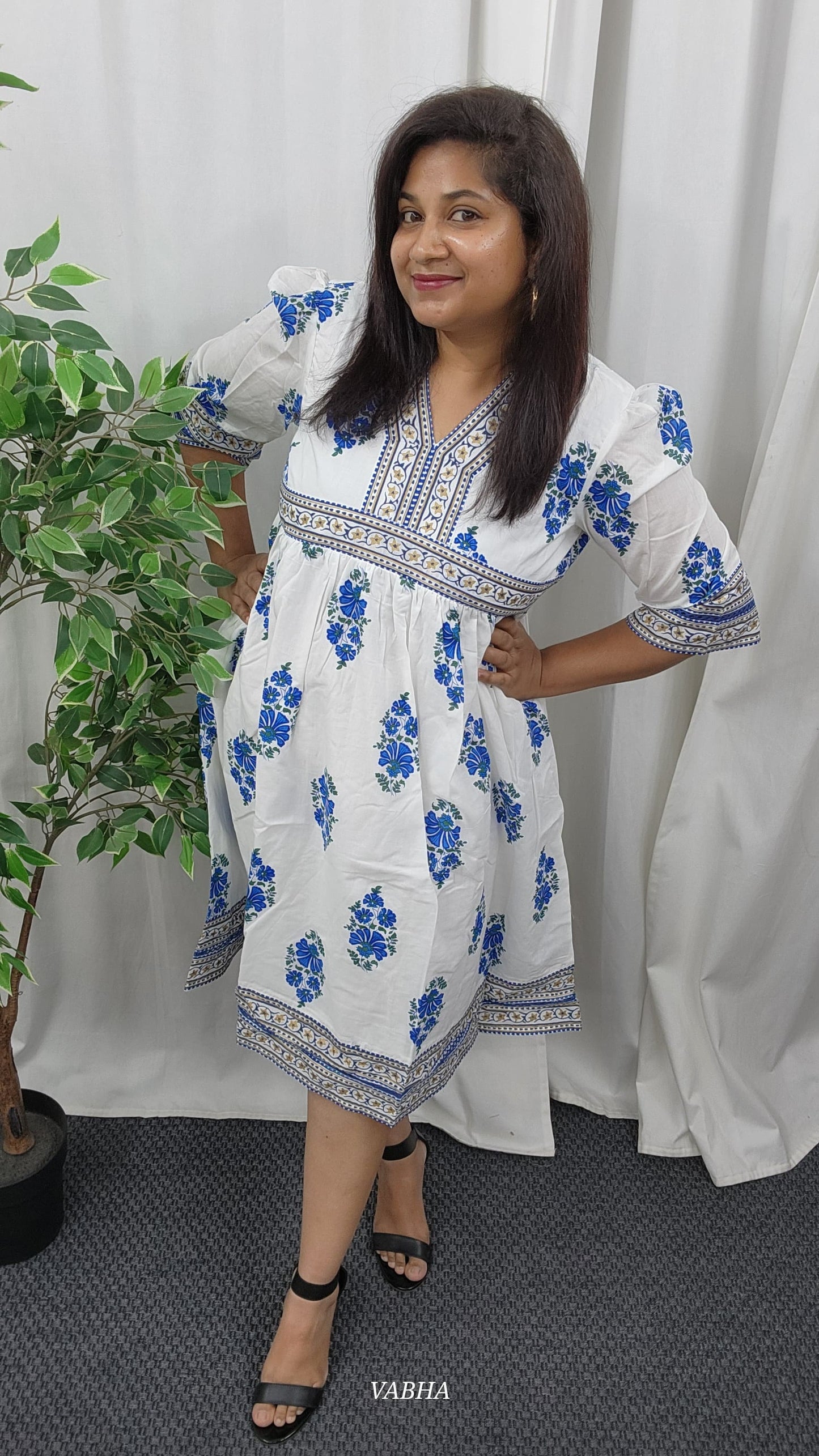 F07 White Blue Floral Cotton Frock