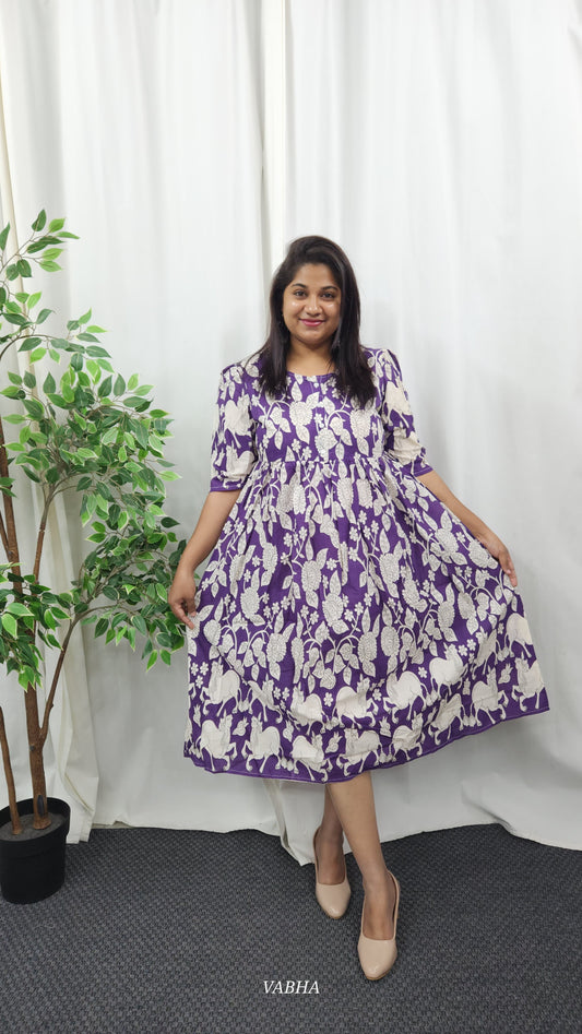 F08 Purple Kalamkari Print Cotton Frock
