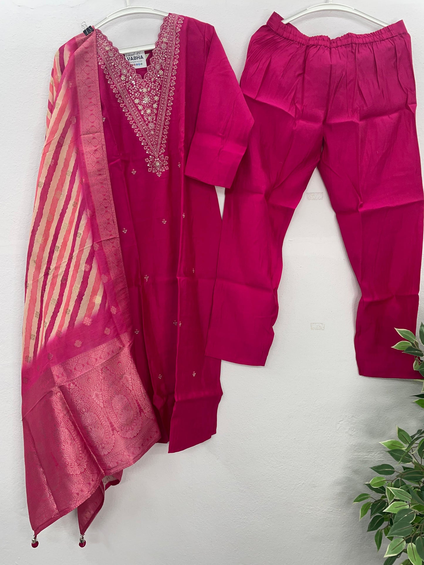 KPD100 Neon Pink Roman Silk Scalop V Neck Heavy Zari Embroidery Partywear Kurti Pant Duppatta
