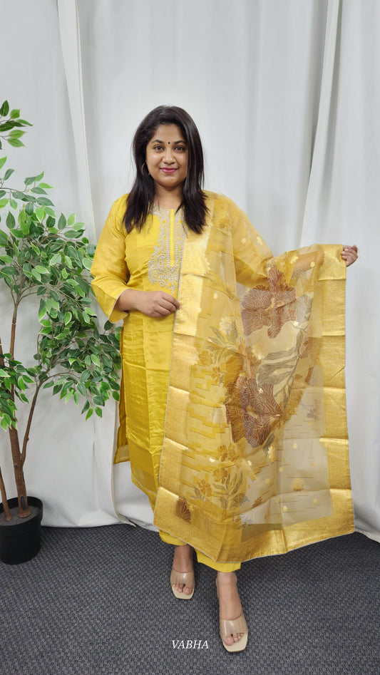 KPD01 Golden Yellow Tissue Kurti Pant Dupatta